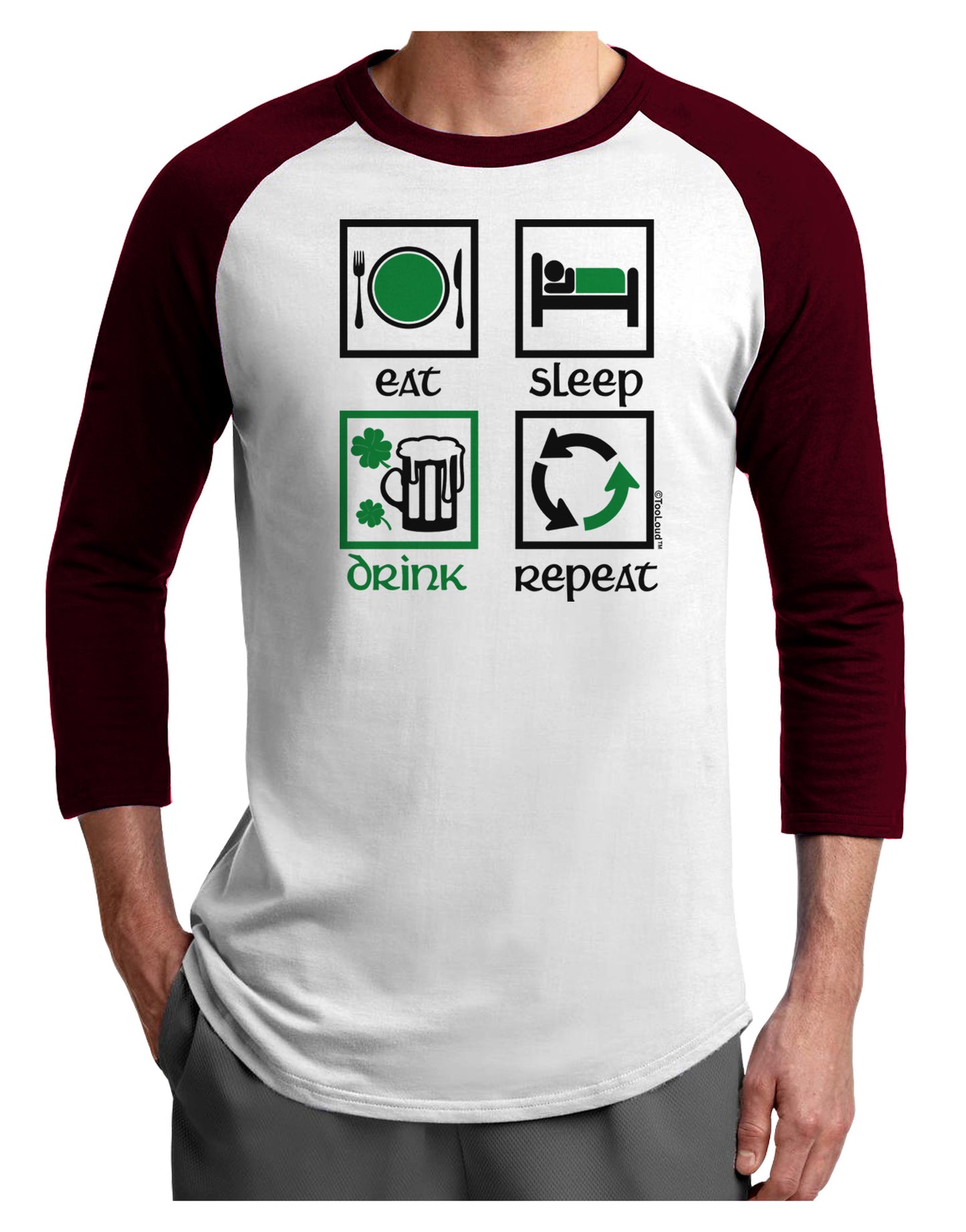 Eat Sleep Drink Green Beer Repeat Adult Raglan Shirt-Raglan Shirt-TooLoud-White-Cardinal-X-Small-Davson Sales