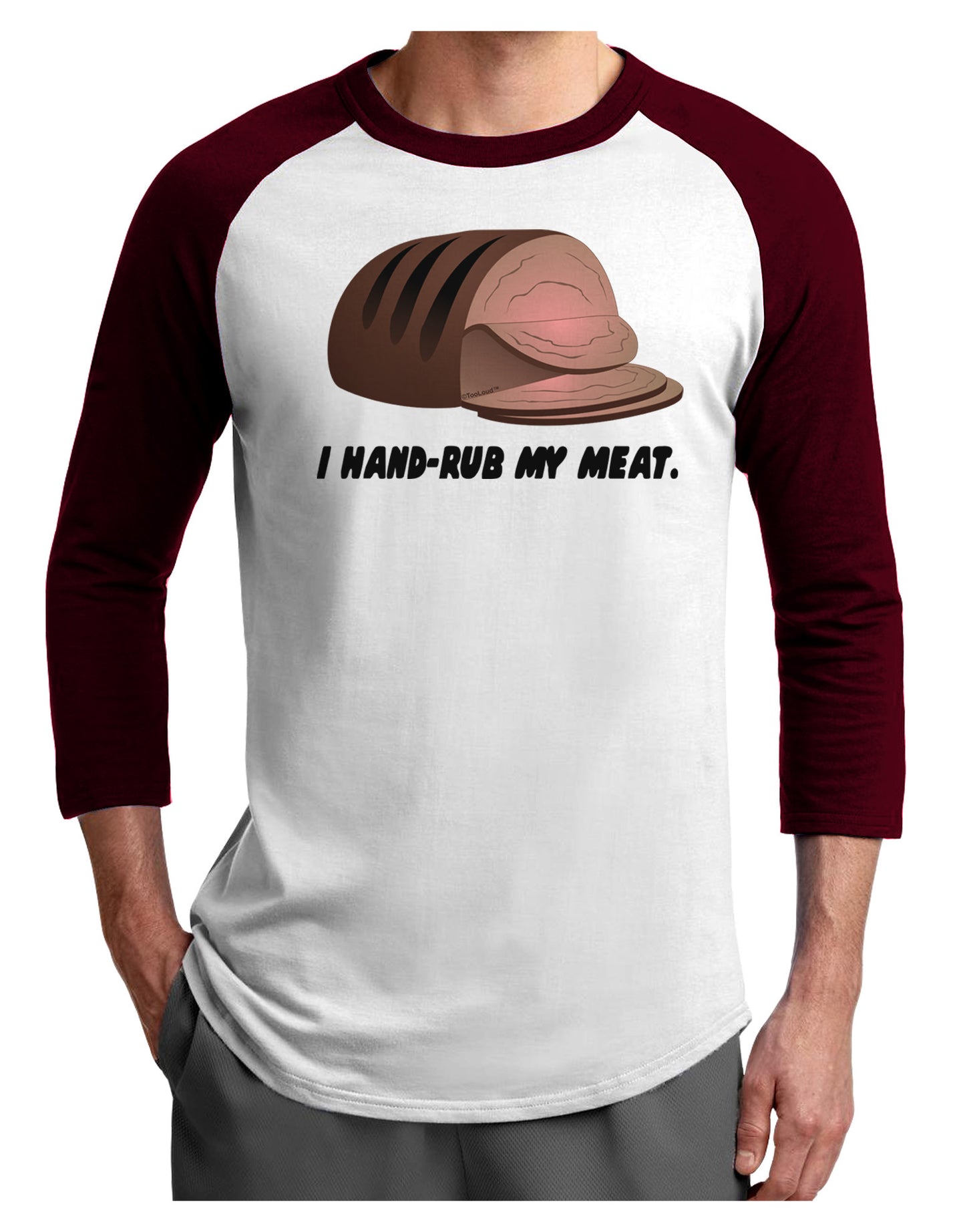 I Hand-Rub My Meat - Roast Beef Adult Raglan Shirt-Raglan Shirt-TooLoud-White-Cardinal-X-Small-Davson Sales