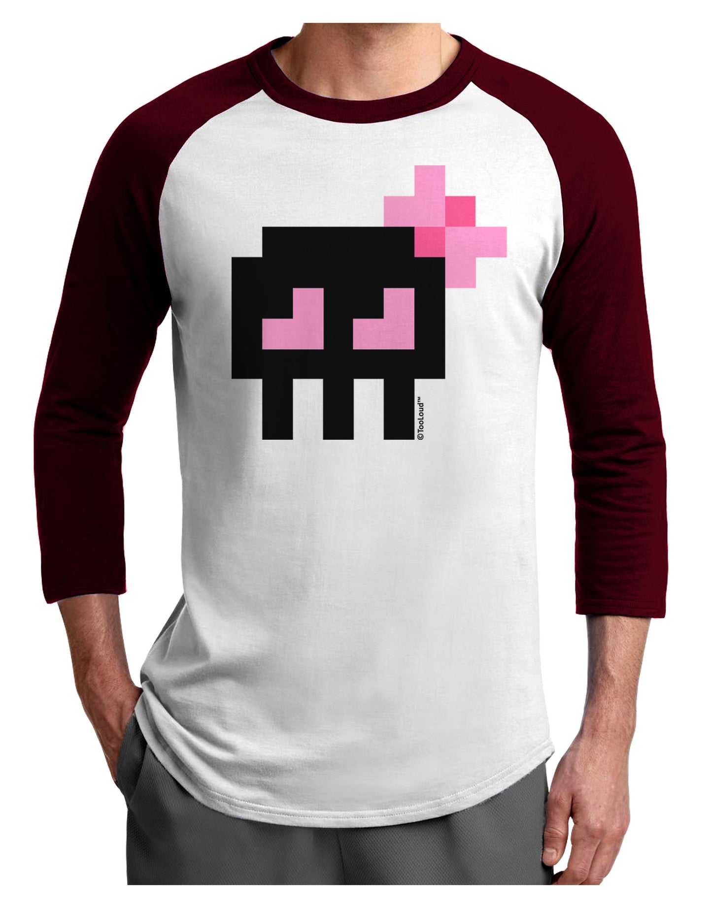 Retro 8-Bit Skull with Pink Bow Adult Raglan Shirt-TooLoud-White-Cardinal-X-Small-Davson Sales