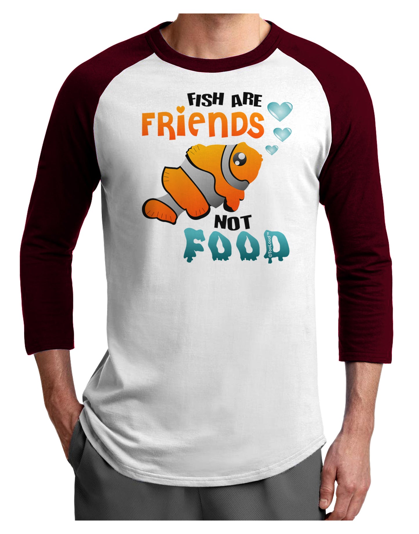 Fish Are Friends Not Food Adult Raglan Shirt-Raglan Shirt-TooLoud-White-Cardinal-X-Small-Davson Sales