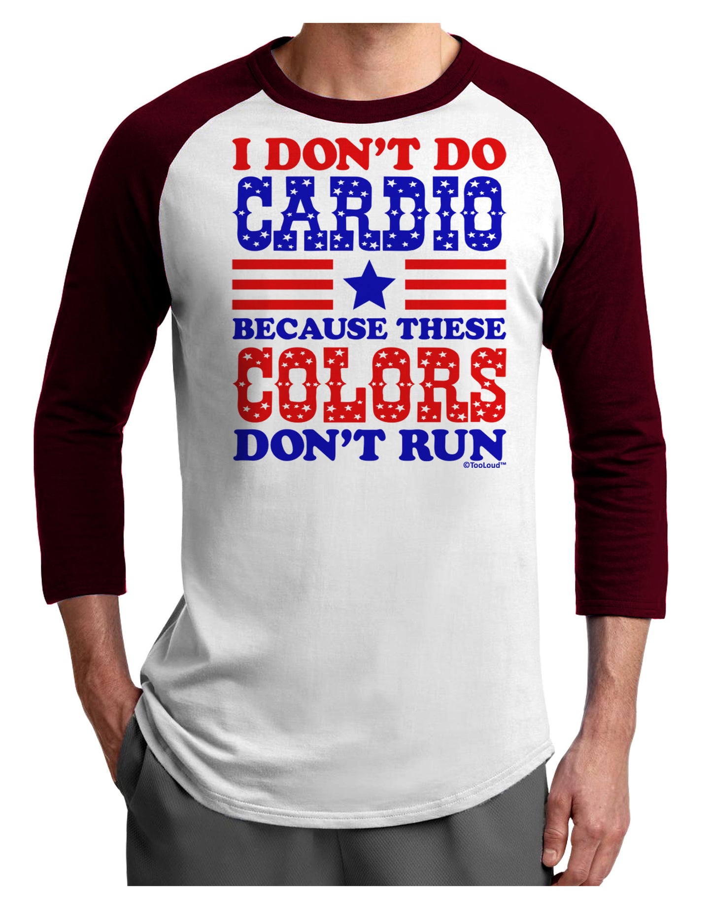I Don't Do Cardio Because These Colors Don't Run Adult Raglan Shirt-TooLoud-White-Cardinal-X-Small-Davson Sales