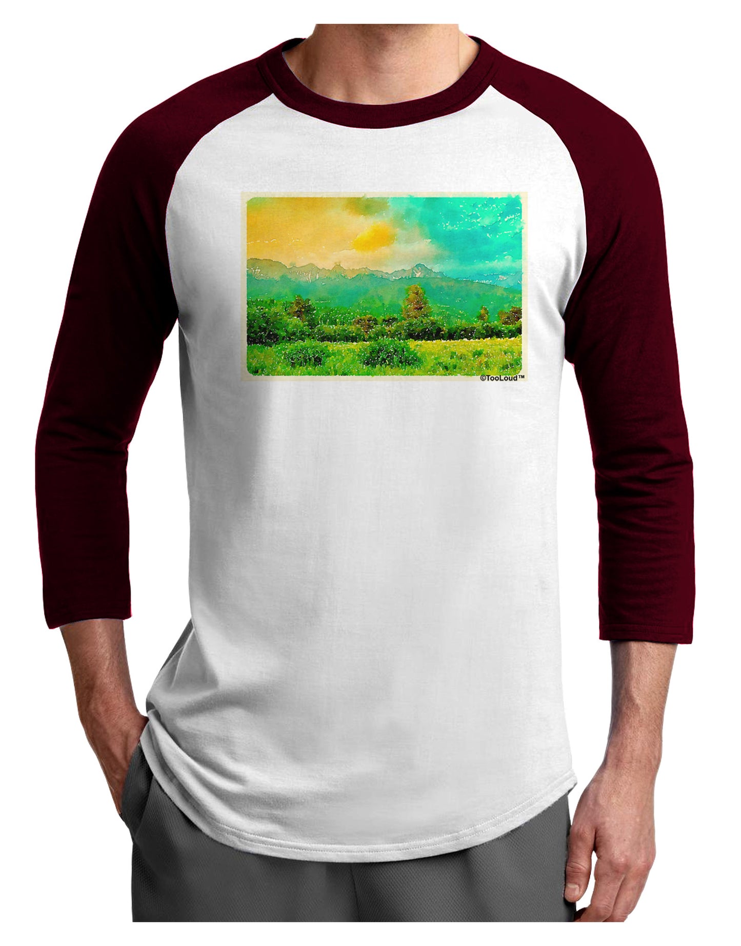 Mountain Sunset Watercolor Adult Raglan Shirt-TooLoud-White-Cardinal-X-Small-Davson Sales