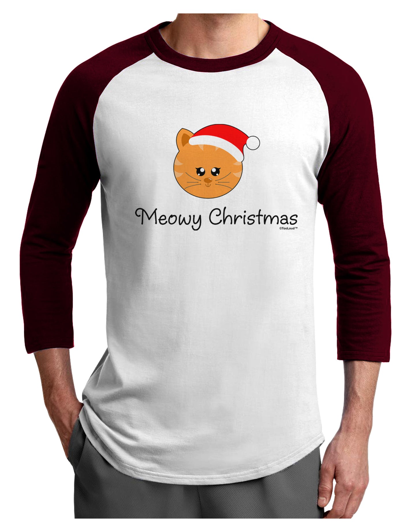 Meowy Christmas Cute Cat Santa Hat Adult Raglan Shirt-TooLoud-White-Cardinal-X-Small-Davson Sales