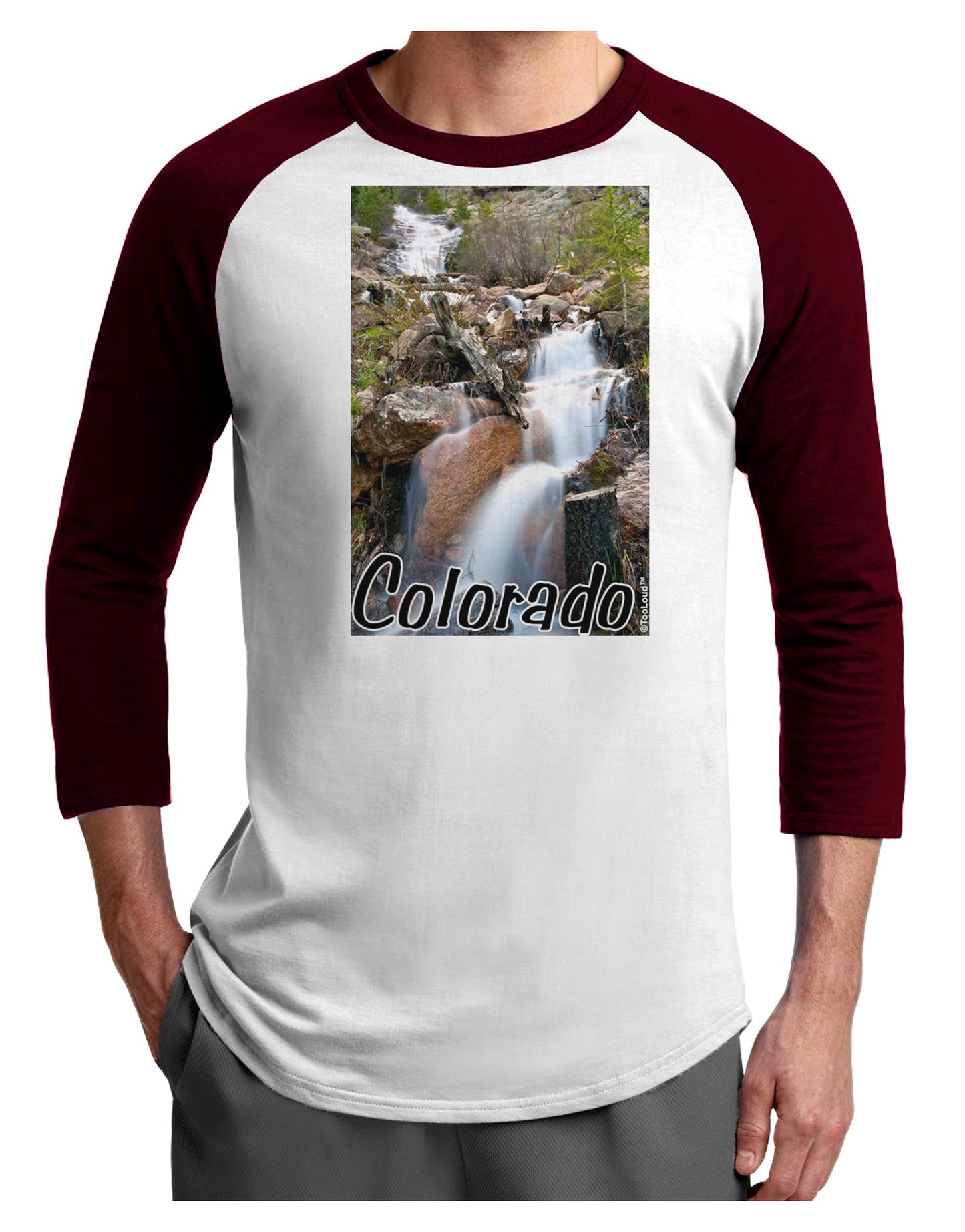 Colorado Waterfall Scene Text Adult Raglan Shirt-TooLoud-White-Cardinal-X-Small-Davson Sales