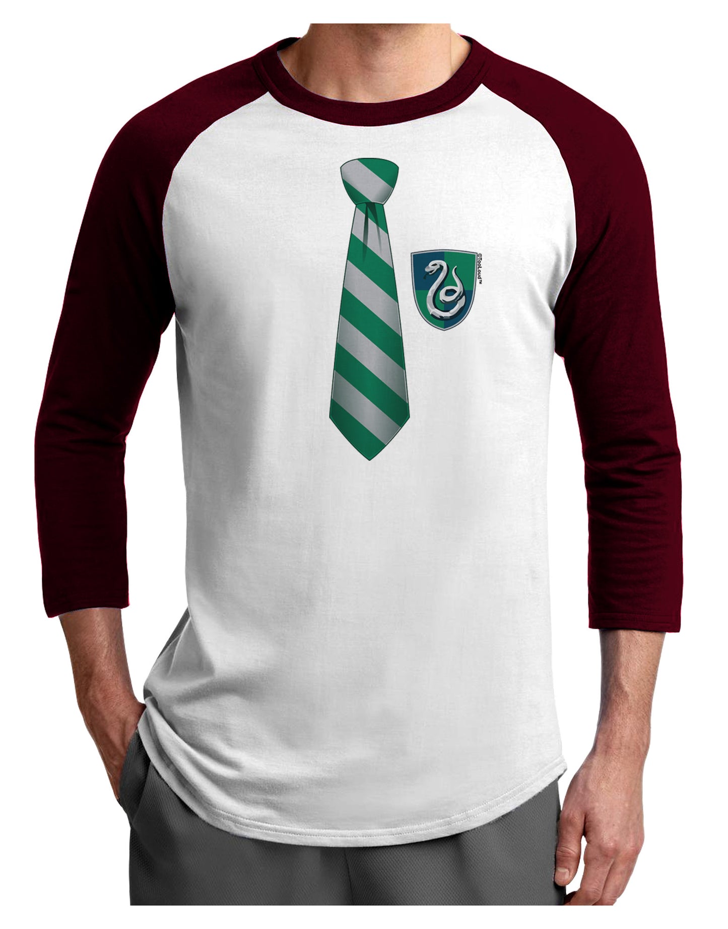 TooLoud Wizard Tie Green and Silver Adult Raglan Shirt-TooLoud-White-Cardinal-X-Small-Davson Sales