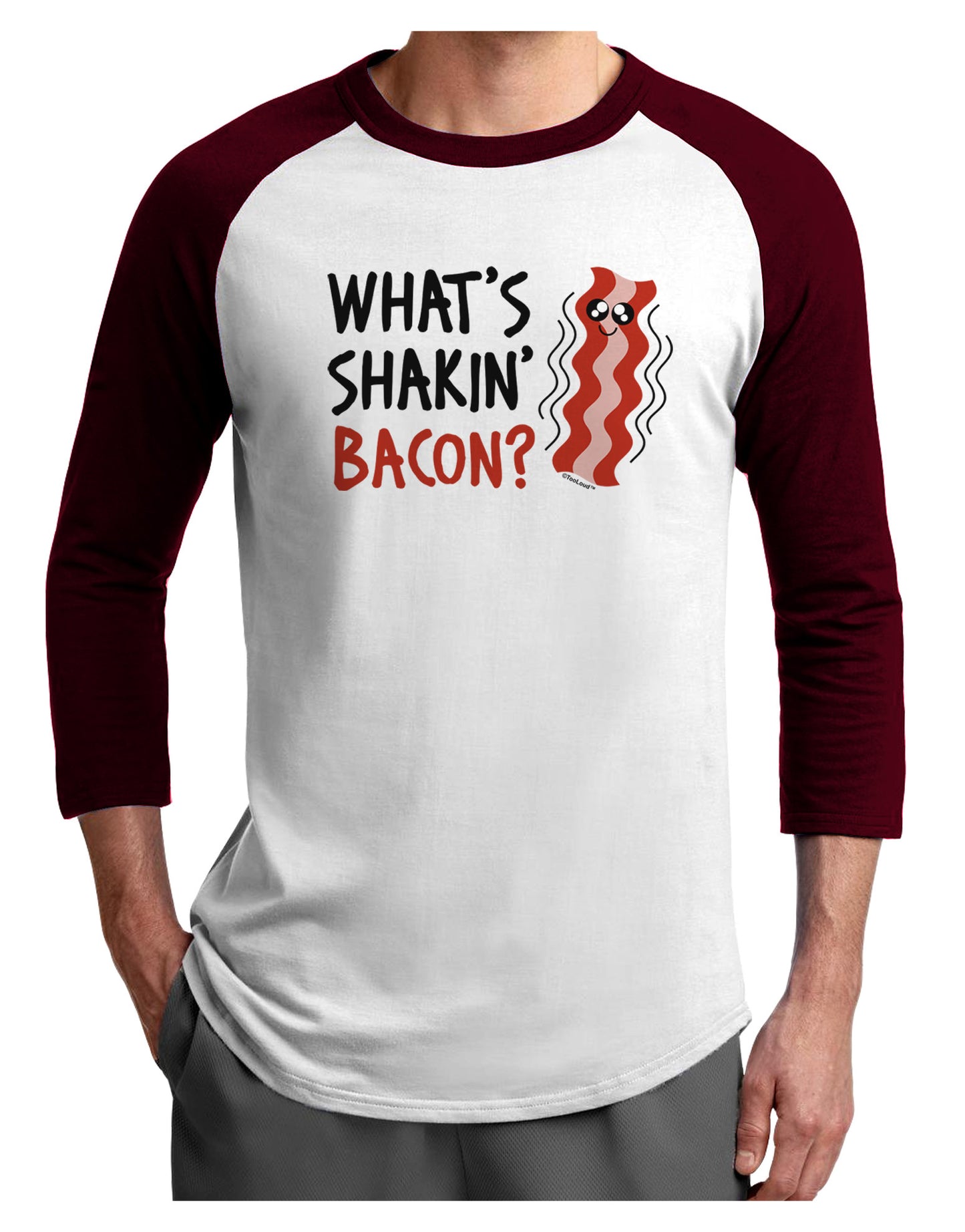 What's Shakin' Bacon Adult Raglan Shirt-Raglan Shirt-TooLoud-White-Cardinal-X-Small-Davson Sales