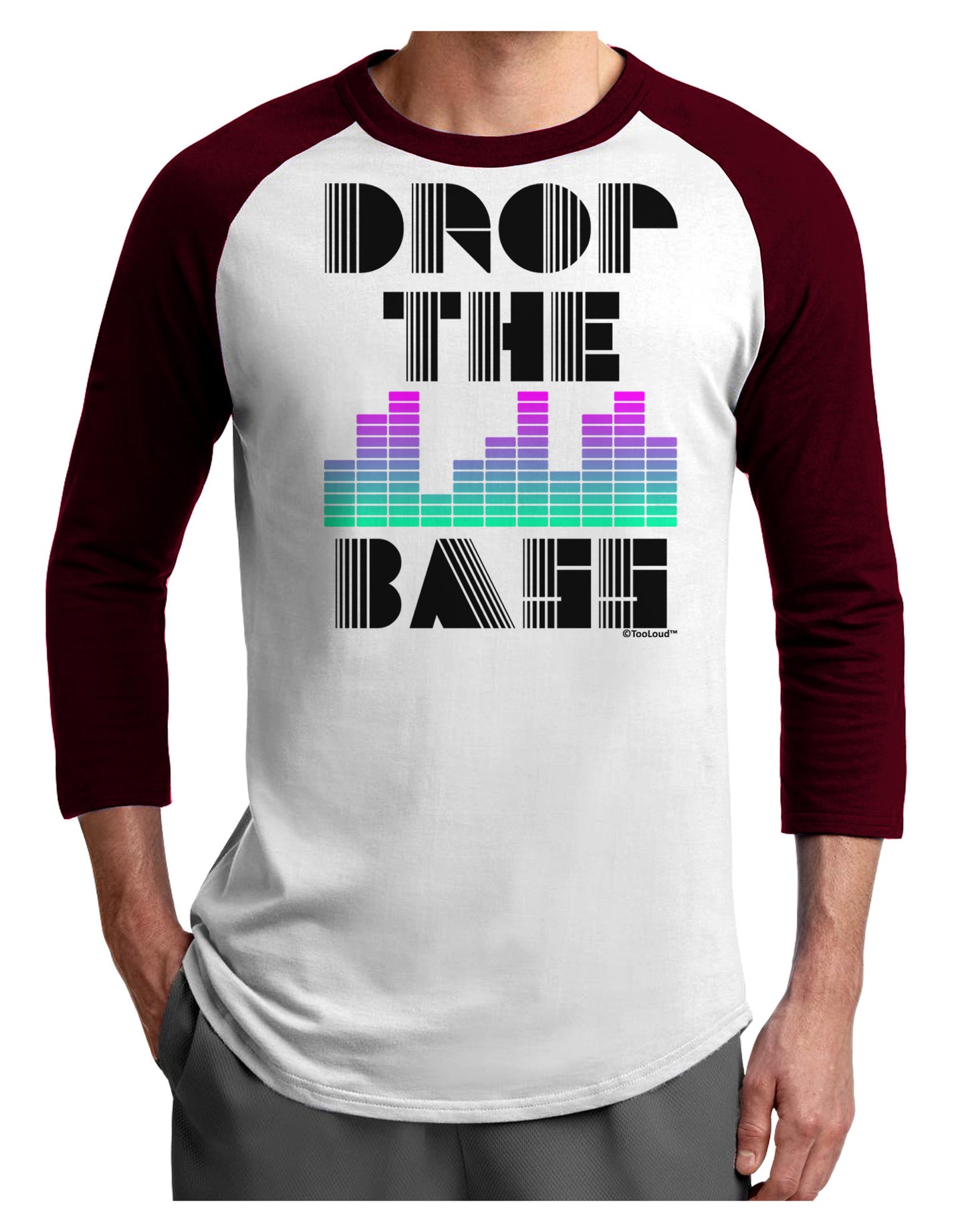 Drop the Bass Adult Raglan Shirt-TooLoud-White-Cardinal-X-Small-Davson Sales