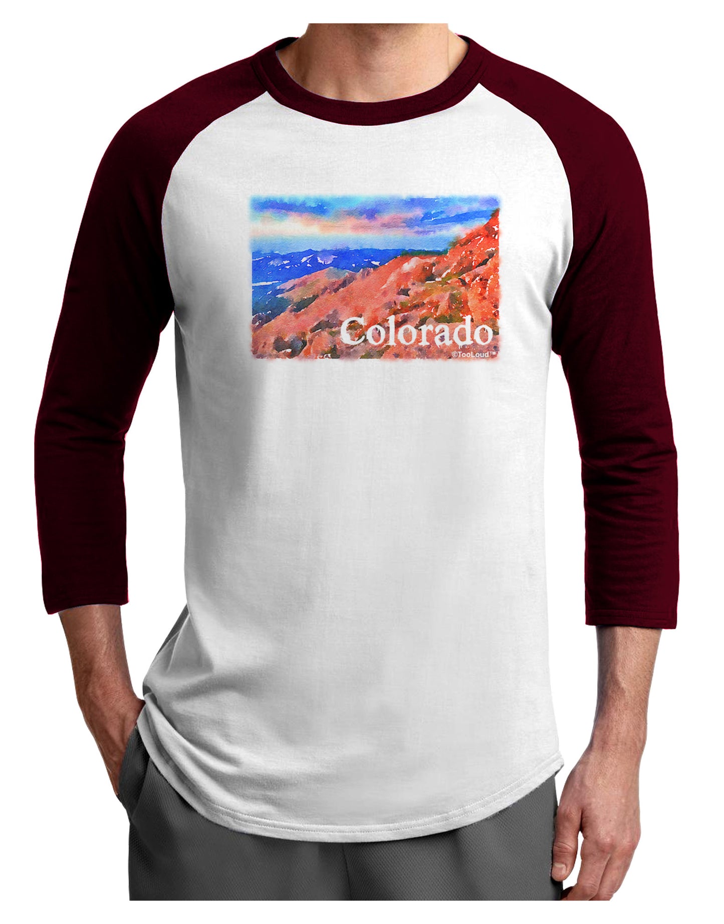 Colorado Mtn Sunset Soaked WaterColor Adult Raglan Shirt-Raglan Shirt-TooLoud-White-Cardinal-X-Small-Davson Sales