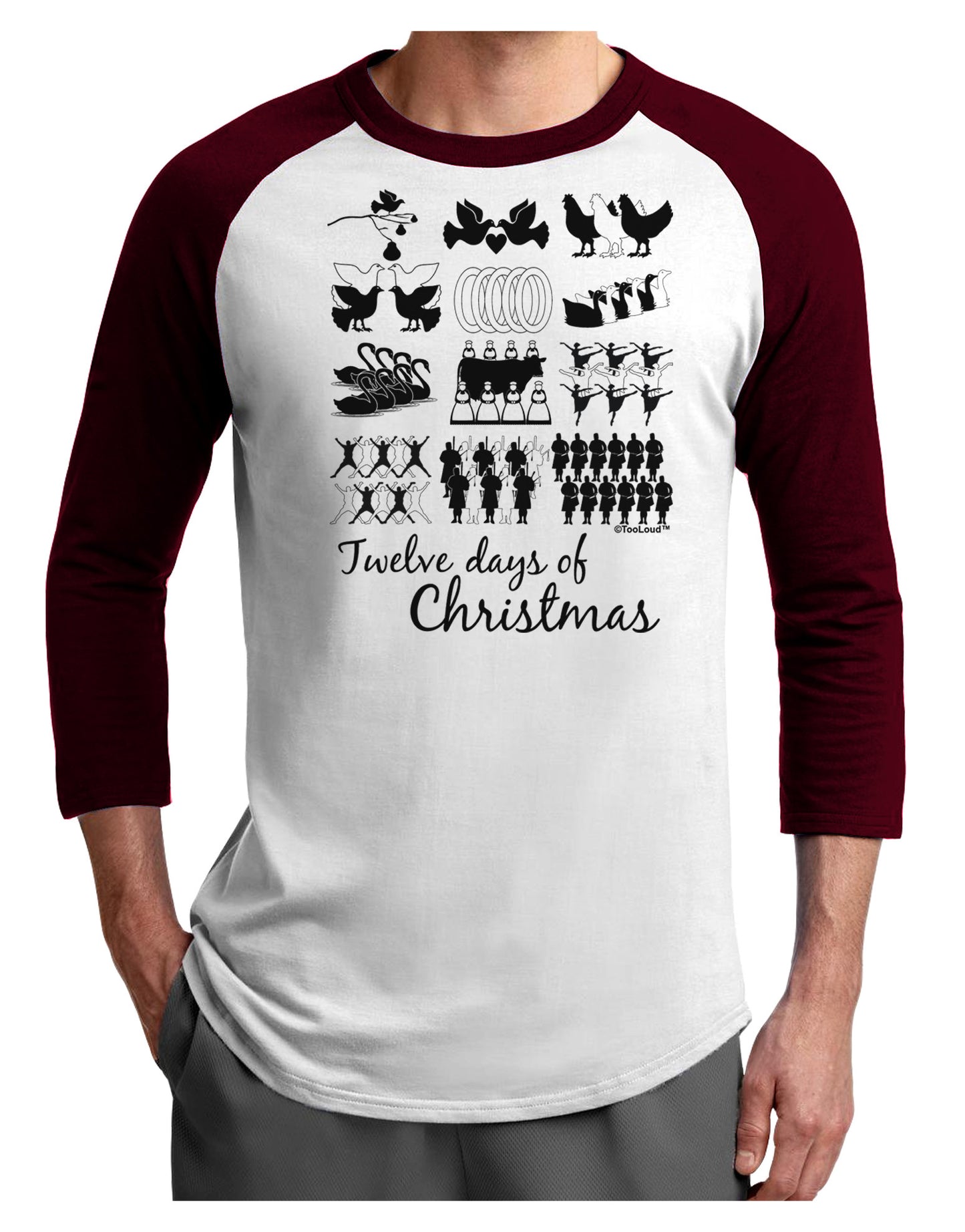 TooLoud Twelve Days of Christmas Text Adult Raglan Shirt-TooLoud-White-Cardinal-X-Small-Davson Sales