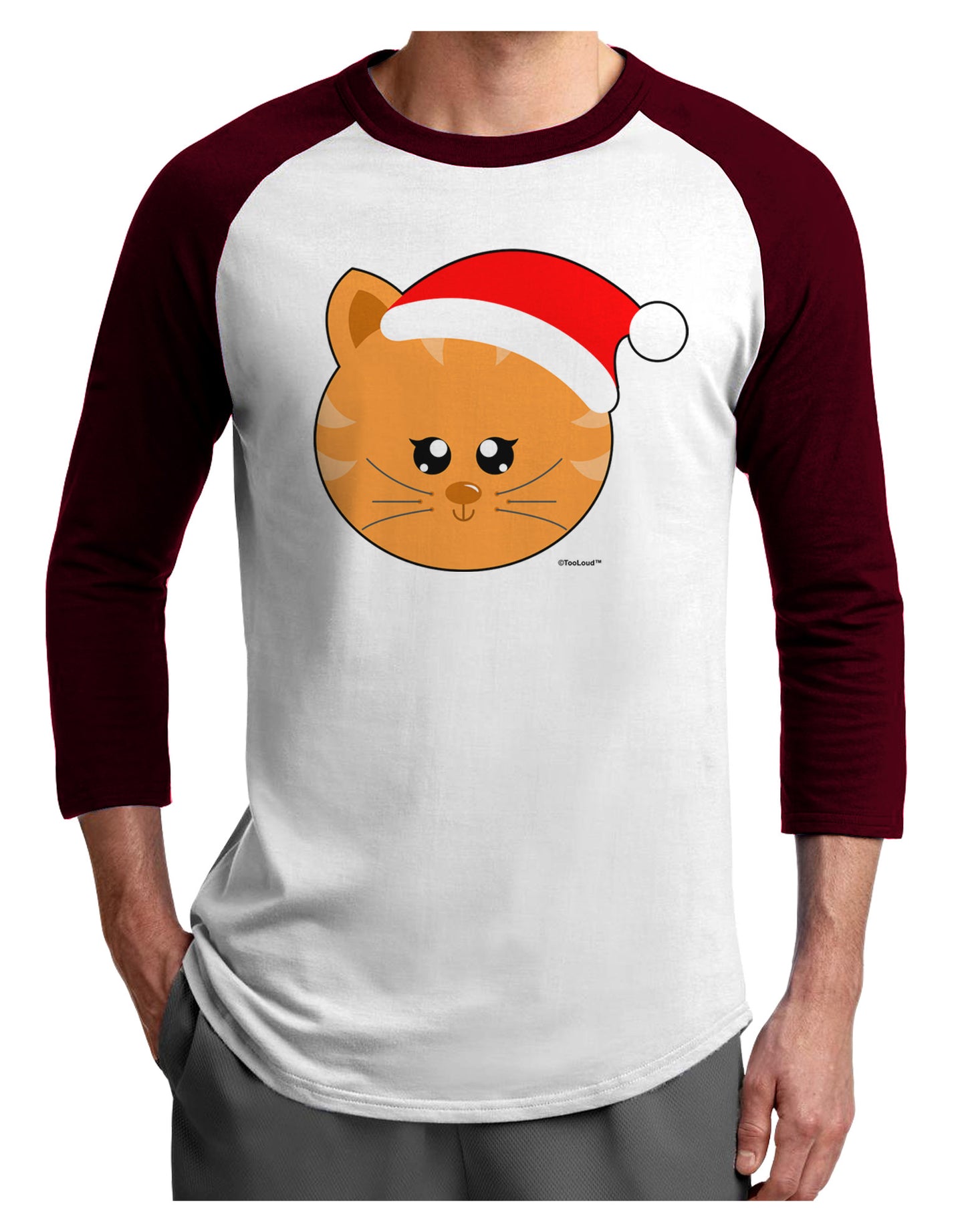 Cute Christmas Cat Santa Hat Adult Raglan Shirt-TooLoud-White-Cardinal-X-Small-Davson Sales
