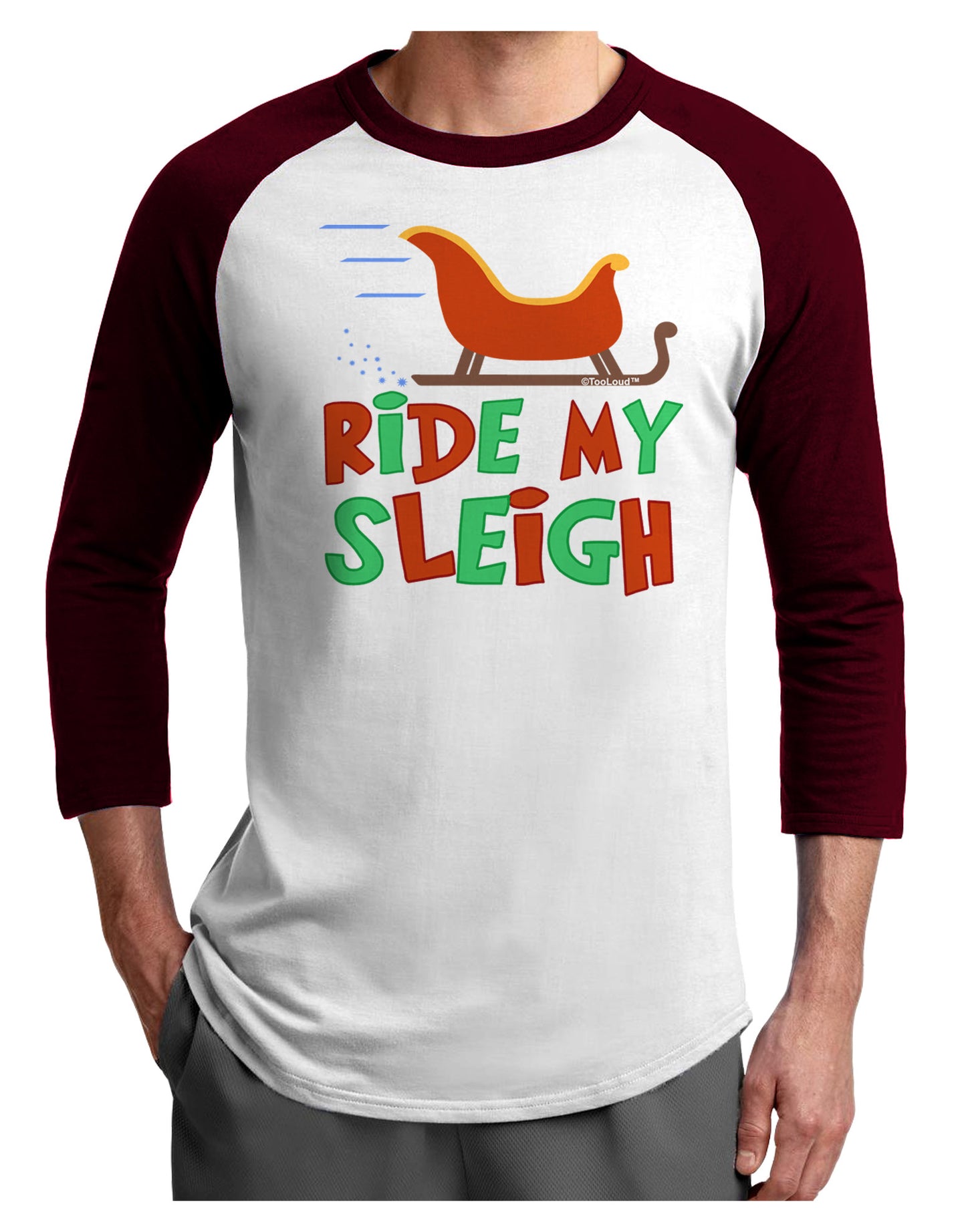 Ride My Sleigh Color Adult Raglan Shirt-TooLoud-White-Cardinal-X-Small-Davson Sales