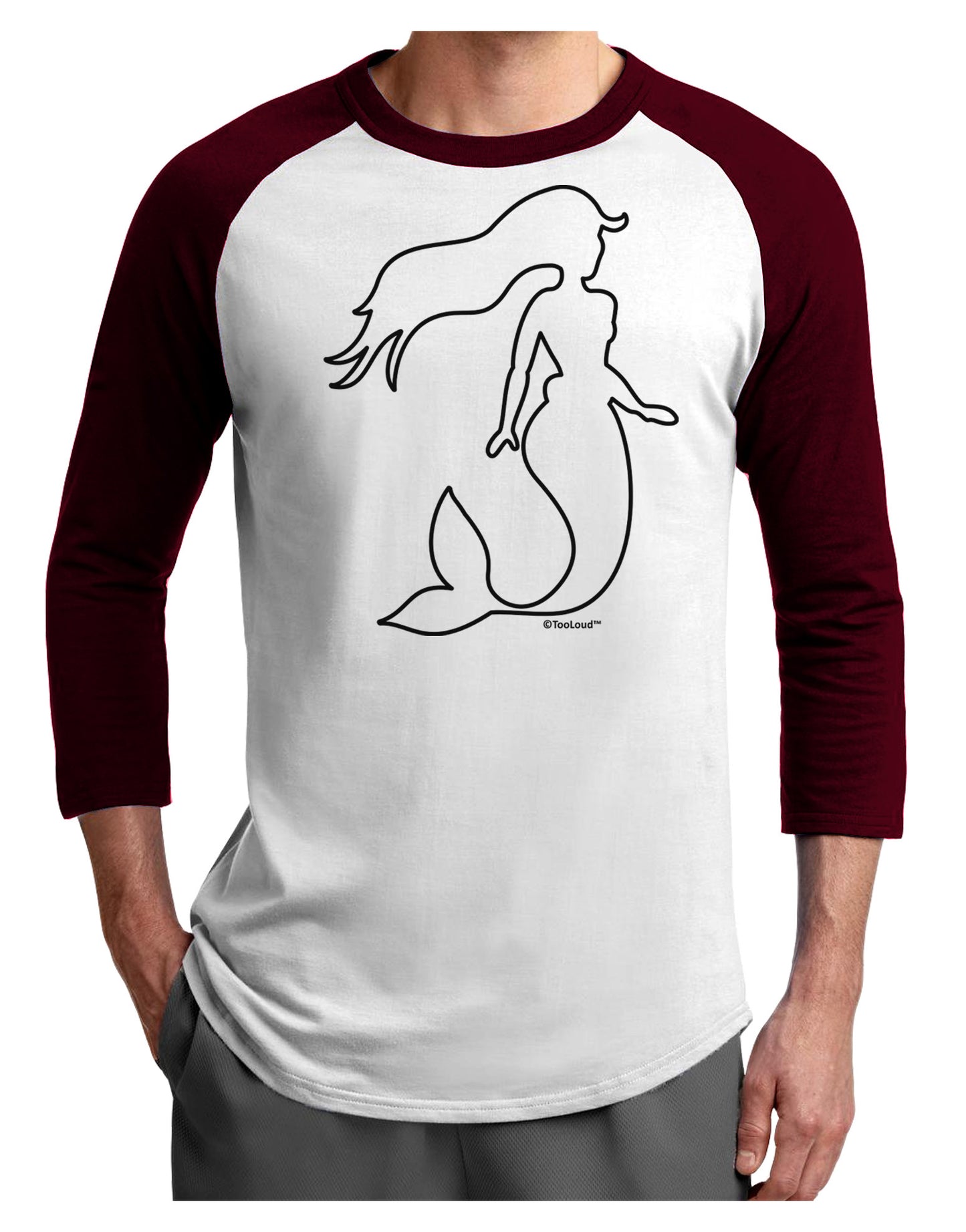 Mermaid Outline Adult Raglan Shirt-TooLoud-White-Cardinal-X-Small-Davson Sales