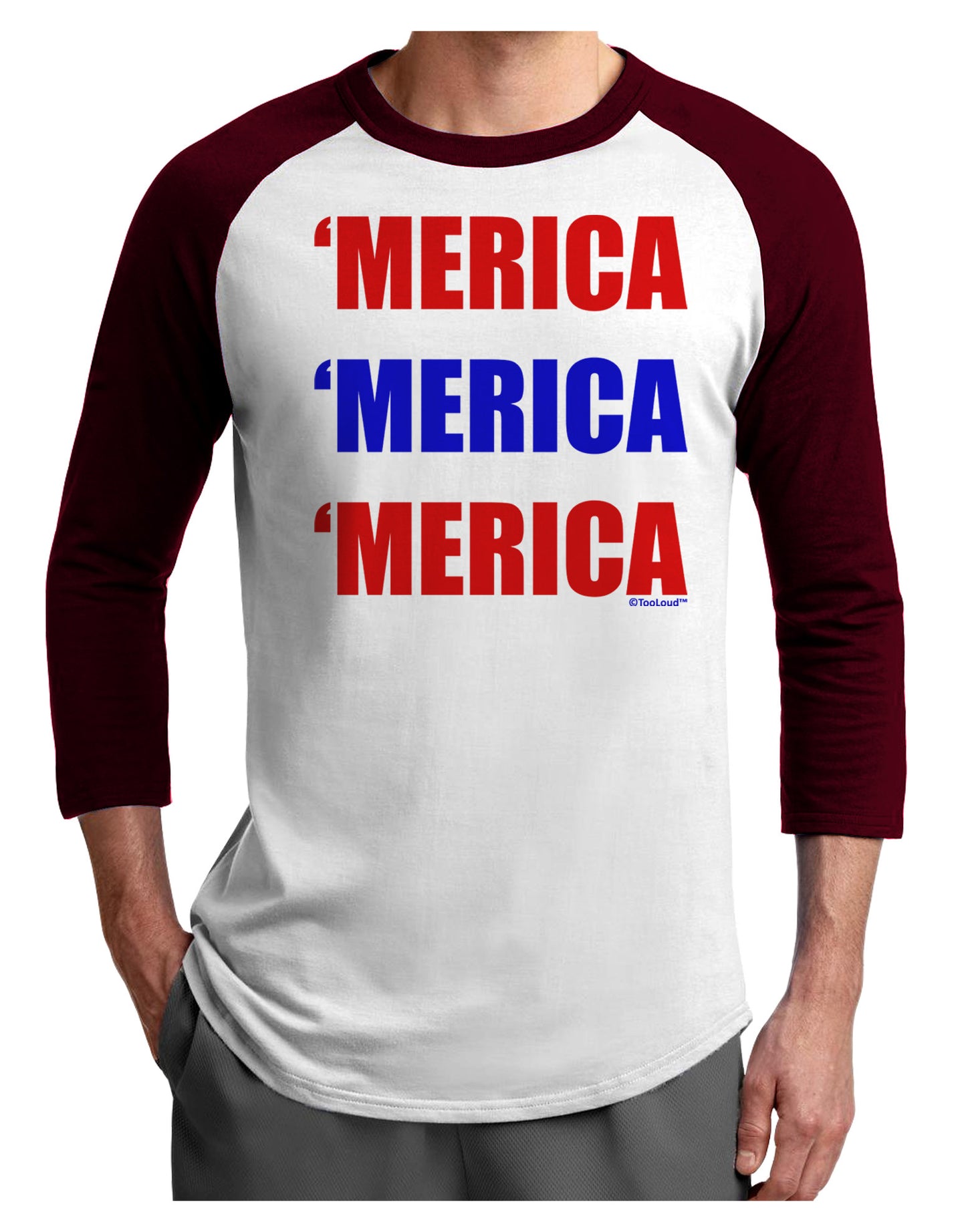 Merica Merica Merica - Red and Blue Adult Raglan Shirt-TooLoud-White-Cardinal-X-Small-Davson Sales