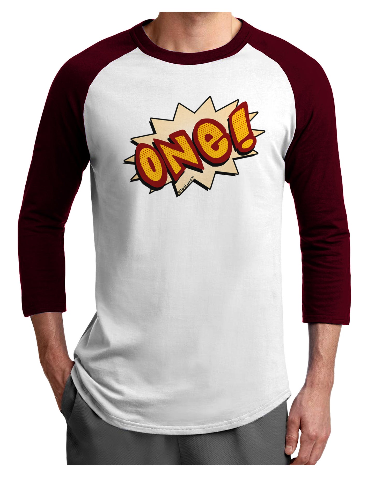 Onomatopoeia One Birthday Adult Raglan Shirt-TooLoud-White-Cardinal-X-Small-Davson Sales