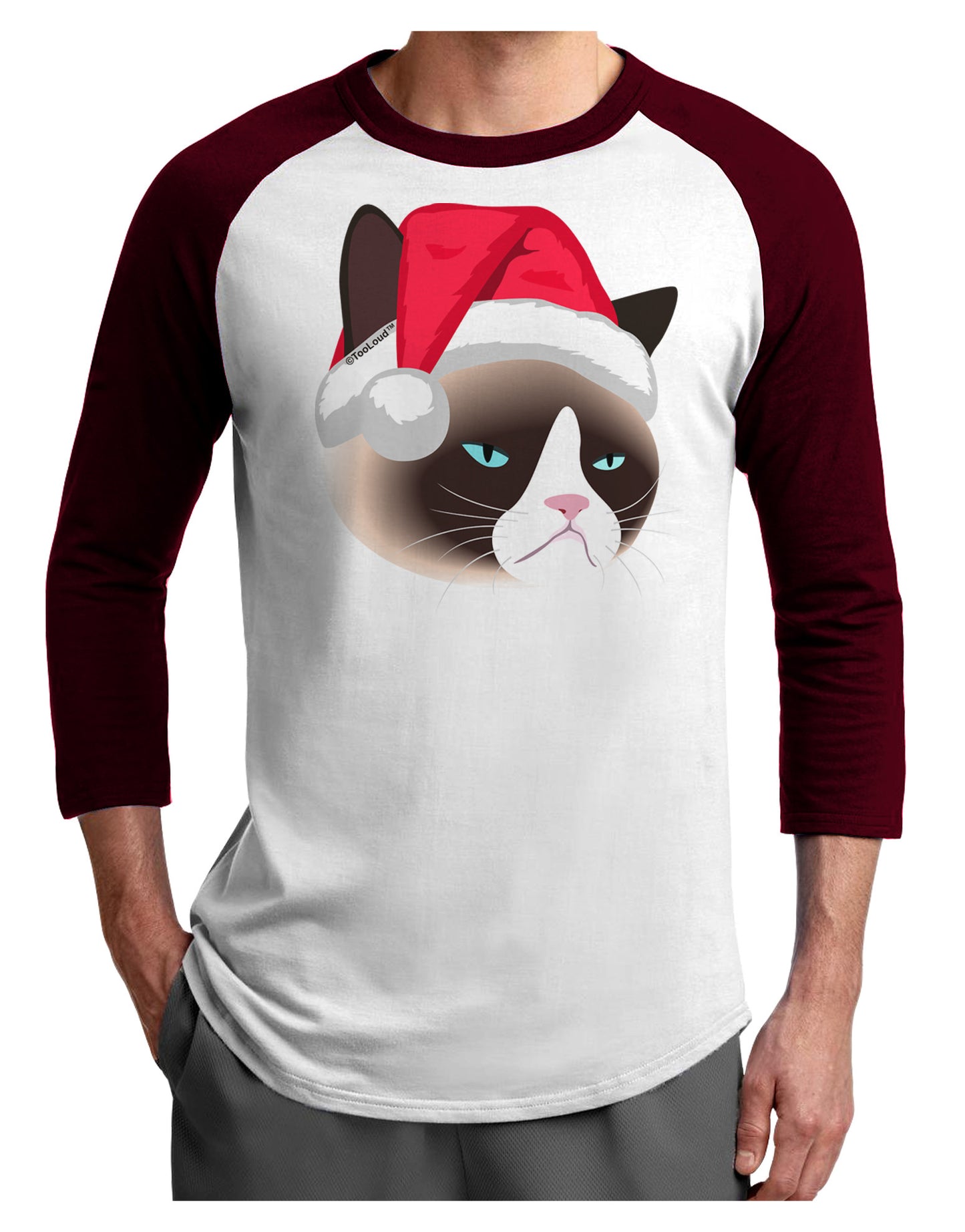 Santa Hat Disgruntled Siamese Cat Adult Raglan Shirt by-Raglan Shirt-TooLoud-White-Cardinal-X-Small-Davson Sales