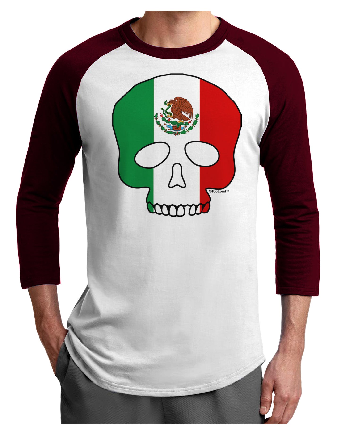 Skull Flag Mexico Adult Raglan Shirt-Raglan Shirt-TooLoud-White-Cardinal-X-Small-Davson Sales