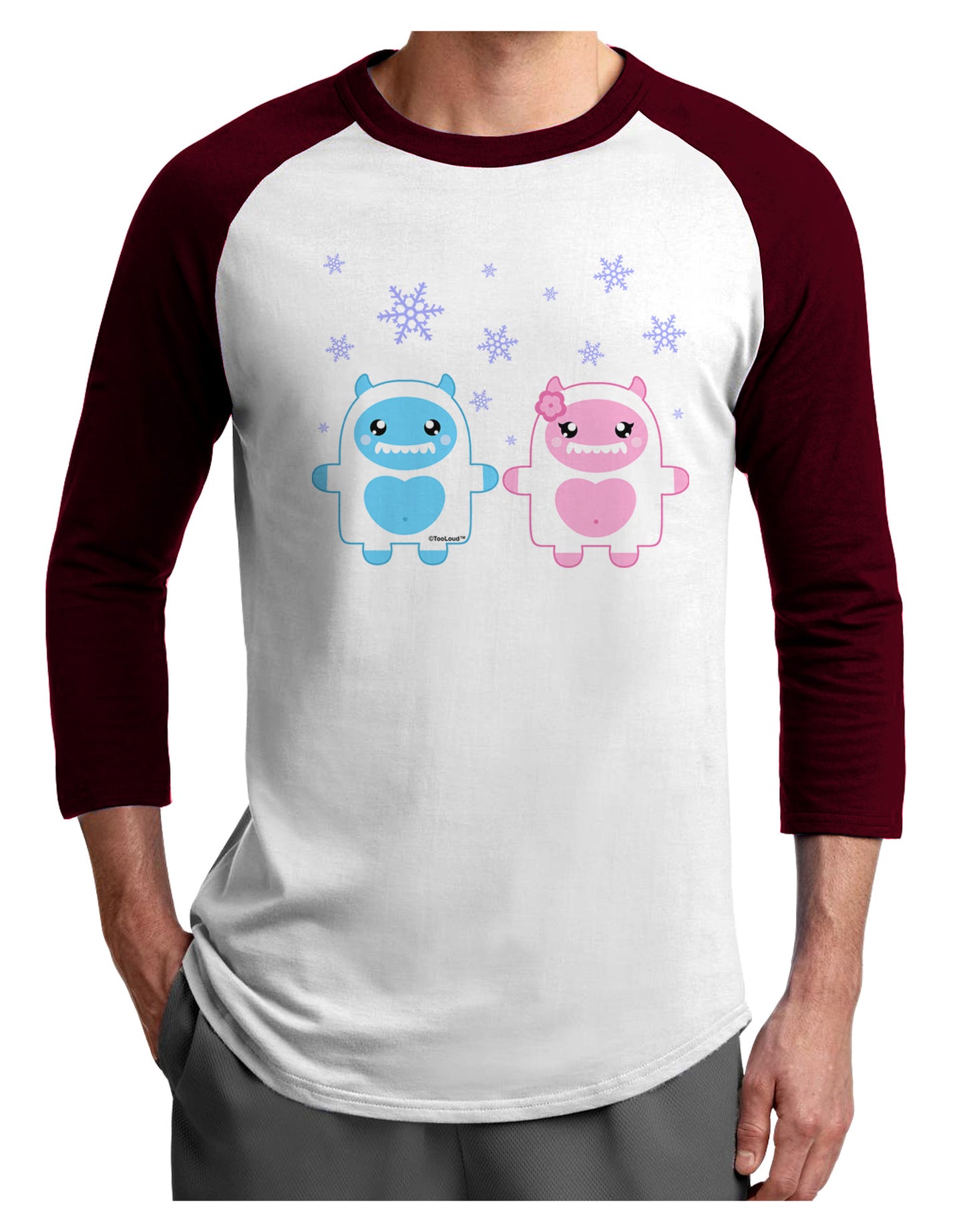 Cute Abominable Snowman Yeti Couple - Christmas Adult Raglan Shirt-TooLoud-White-Cardinal-X-Small-Davson Sales