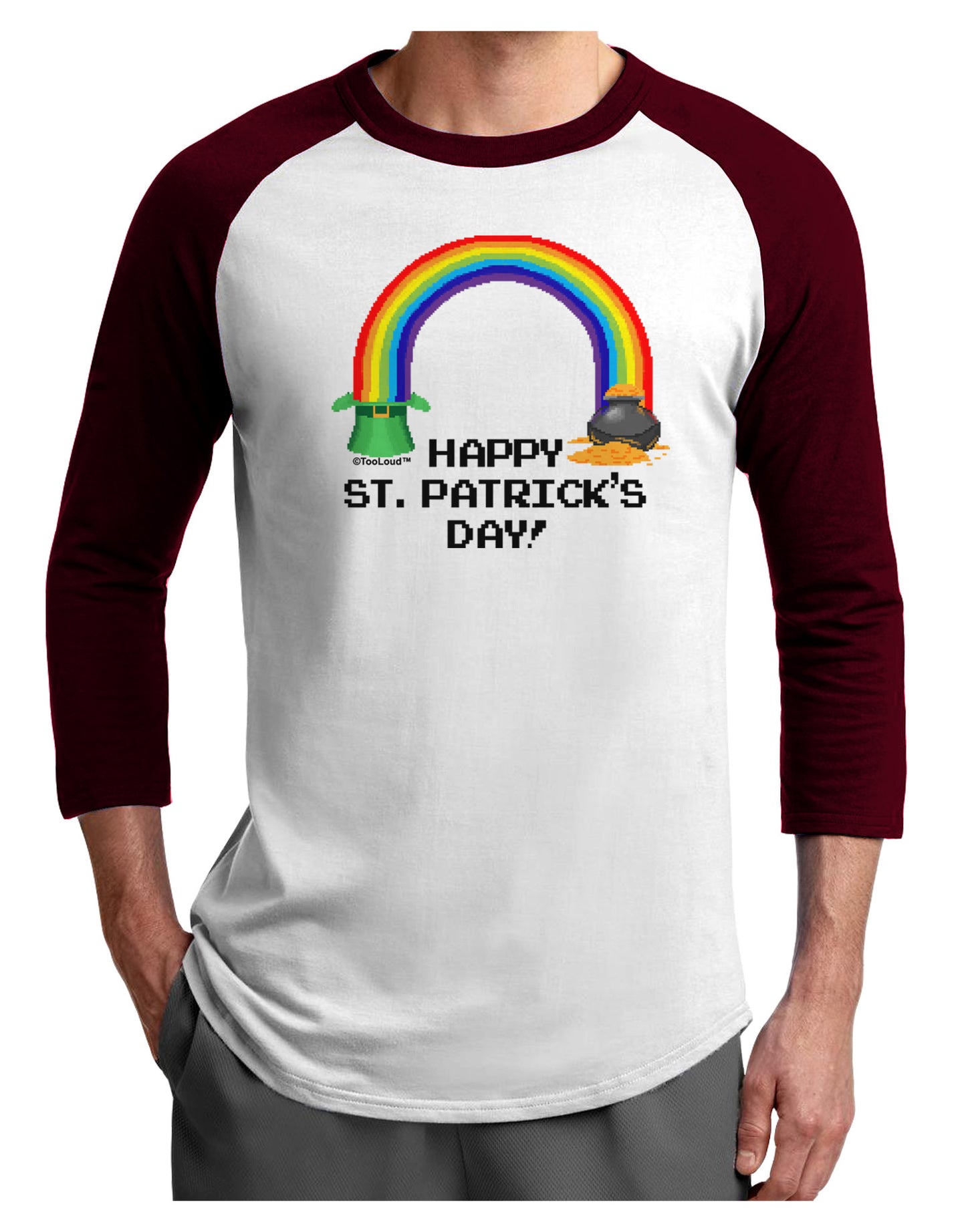 Pixel Pot of Gold St Patrick Text Adult Raglan Shirt-TooLoud-White-Cardinal-X-Small-Davson Sales
