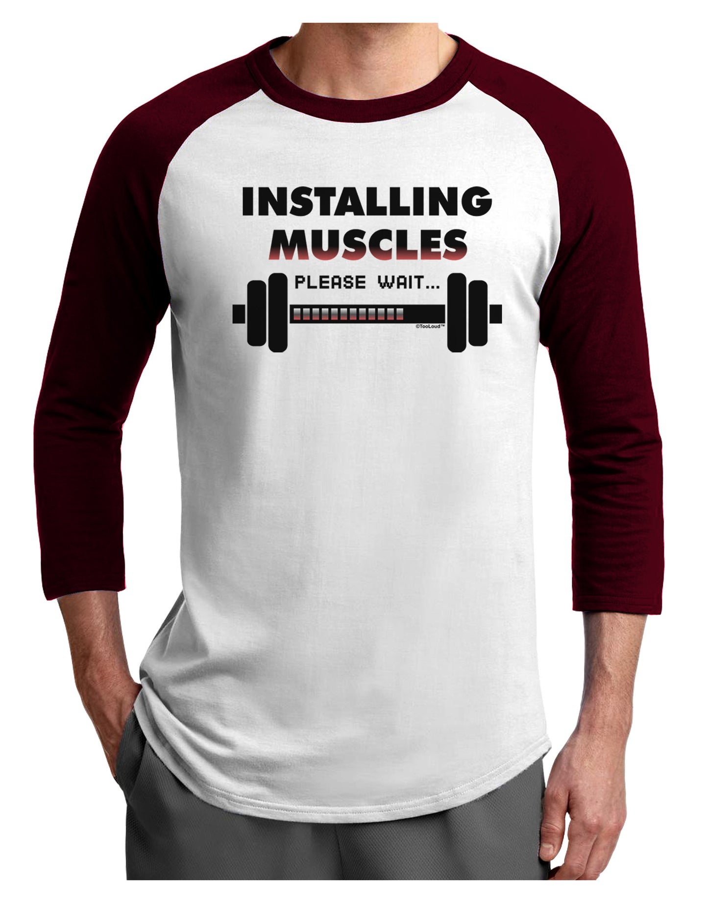 Installing Muscles Adult Raglan Shirt-TooLoud-White-Cardinal-X-Small-Davson Sales