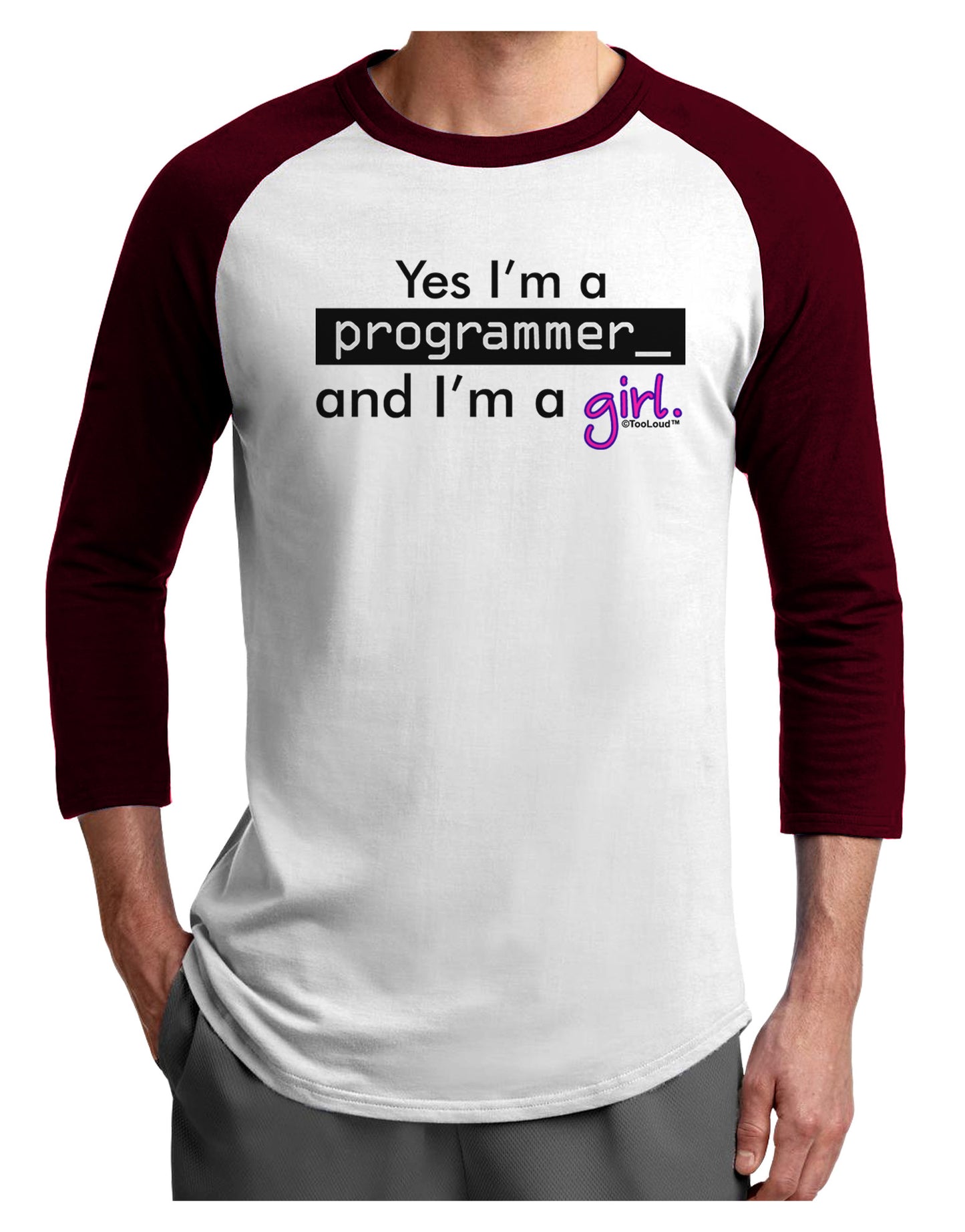 TooLoud Yes I am a Programmer Girl Adult Raglan Shirt-TooLoud-White-Cardinal-X-Small-Davson Sales