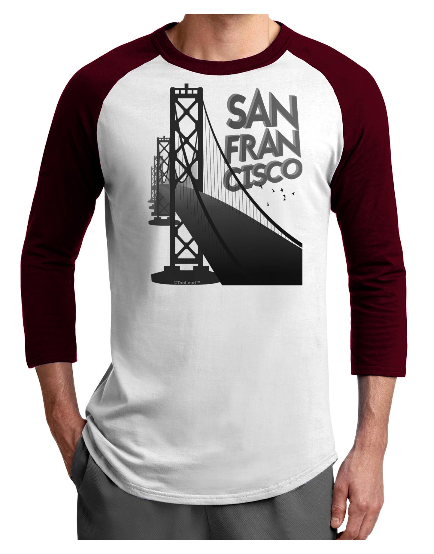 San Francisco Text Bay Bridge Adult Raglan Shirt-Raglan Shirt-TooLoud-White-Cardinal-X-Small-Davson Sales