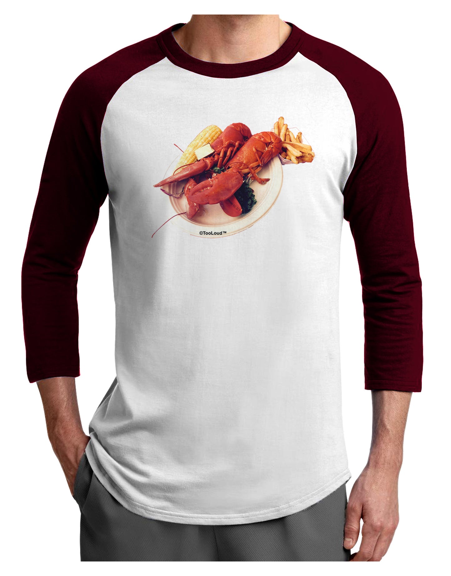 Lobster Plate Adult Raglan Shirt-TooLoud-White-Cardinal-X-Small-Davson Sales