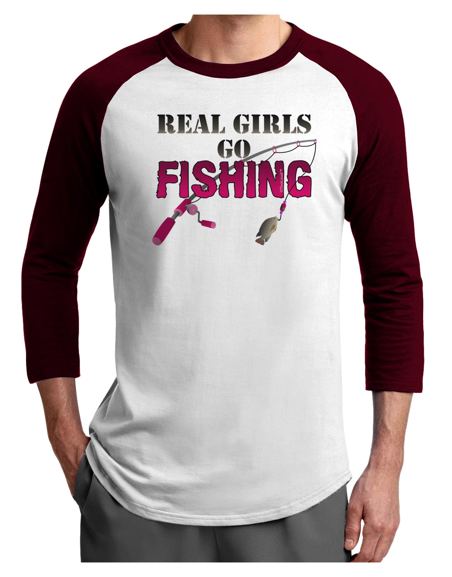 Real Girls Go Fishing Adult Raglan Shirt-Raglan Shirt-TooLoud-White-Cardinal-X-Small-Davson Sales