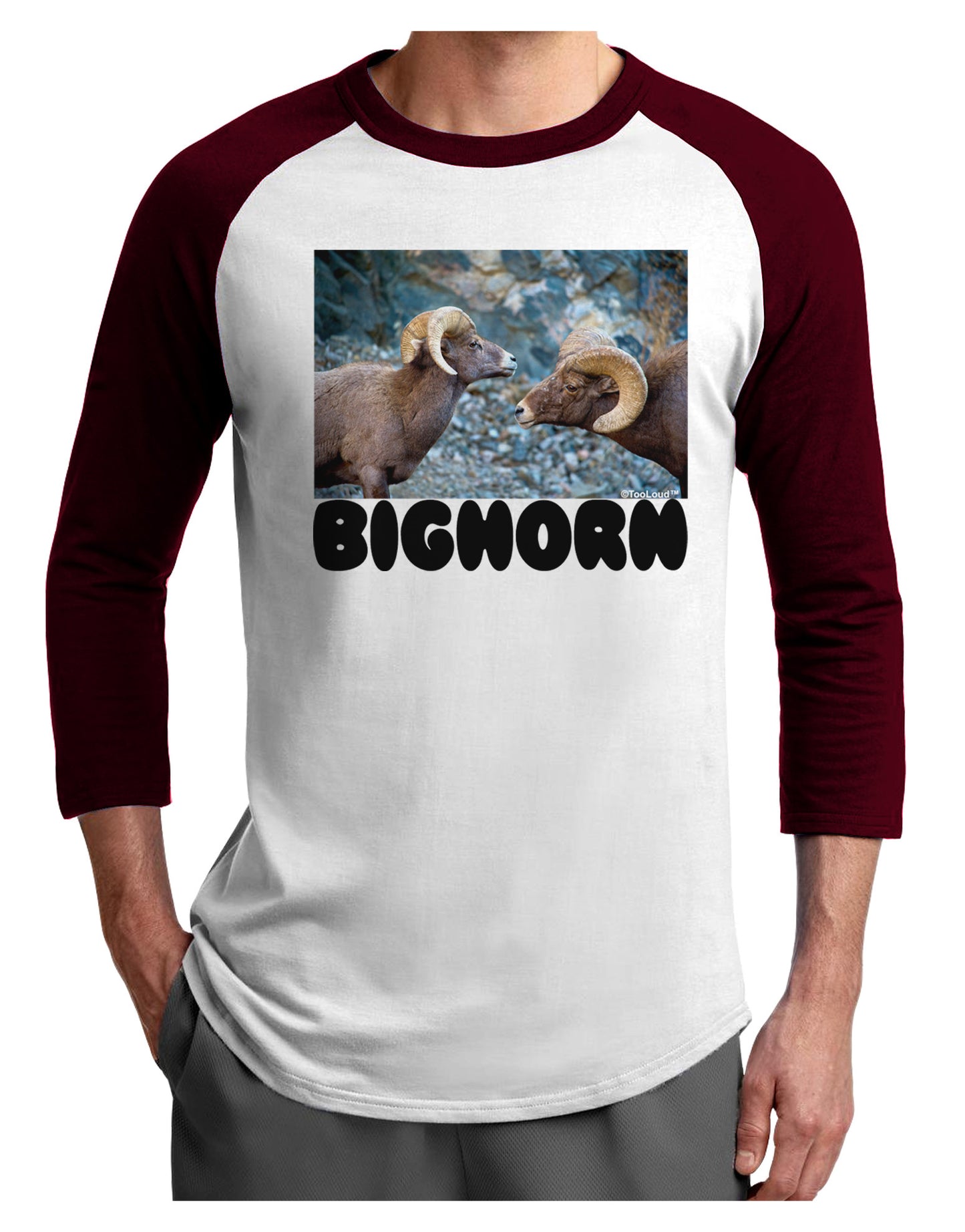 Two Bighorn Rams Text Adult Raglan Shirt-TooLoud-White-Cardinal-X-Small-Davson Sales