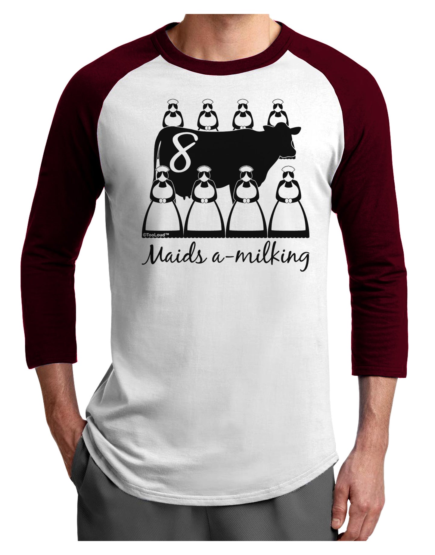 Eight Maids A Milking Text Adult Raglan Shirt-TooLoud-White-Cardinal-X-Small-Davson Sales
