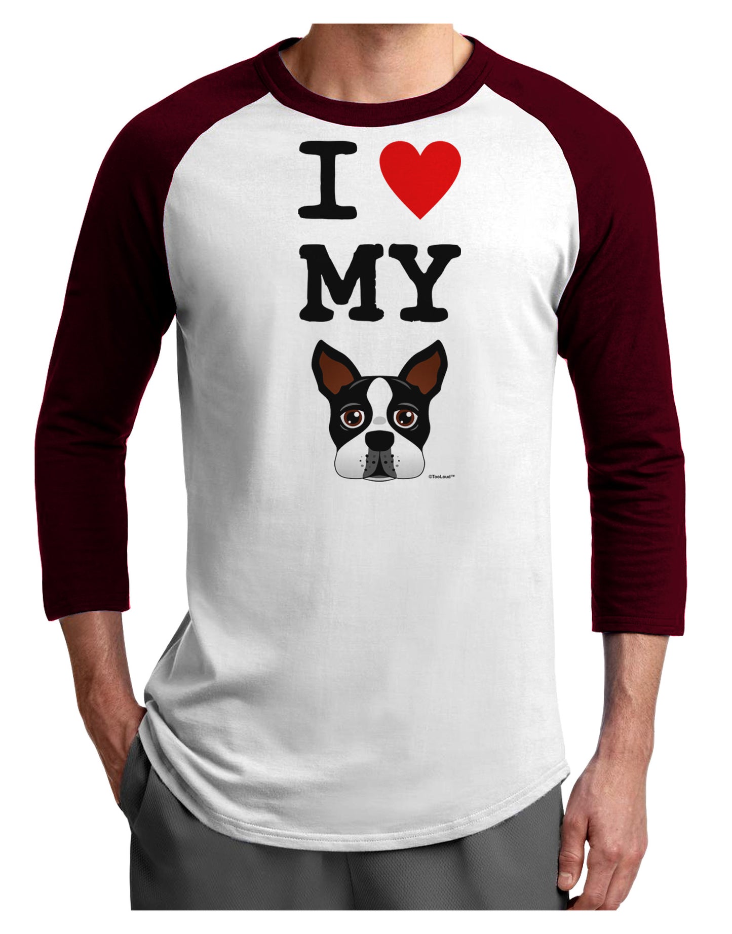 I Heart My Boston Terrier Adult Raglan Shirt-TooLoud-White-Cardinal-X-Small-Davson Sales