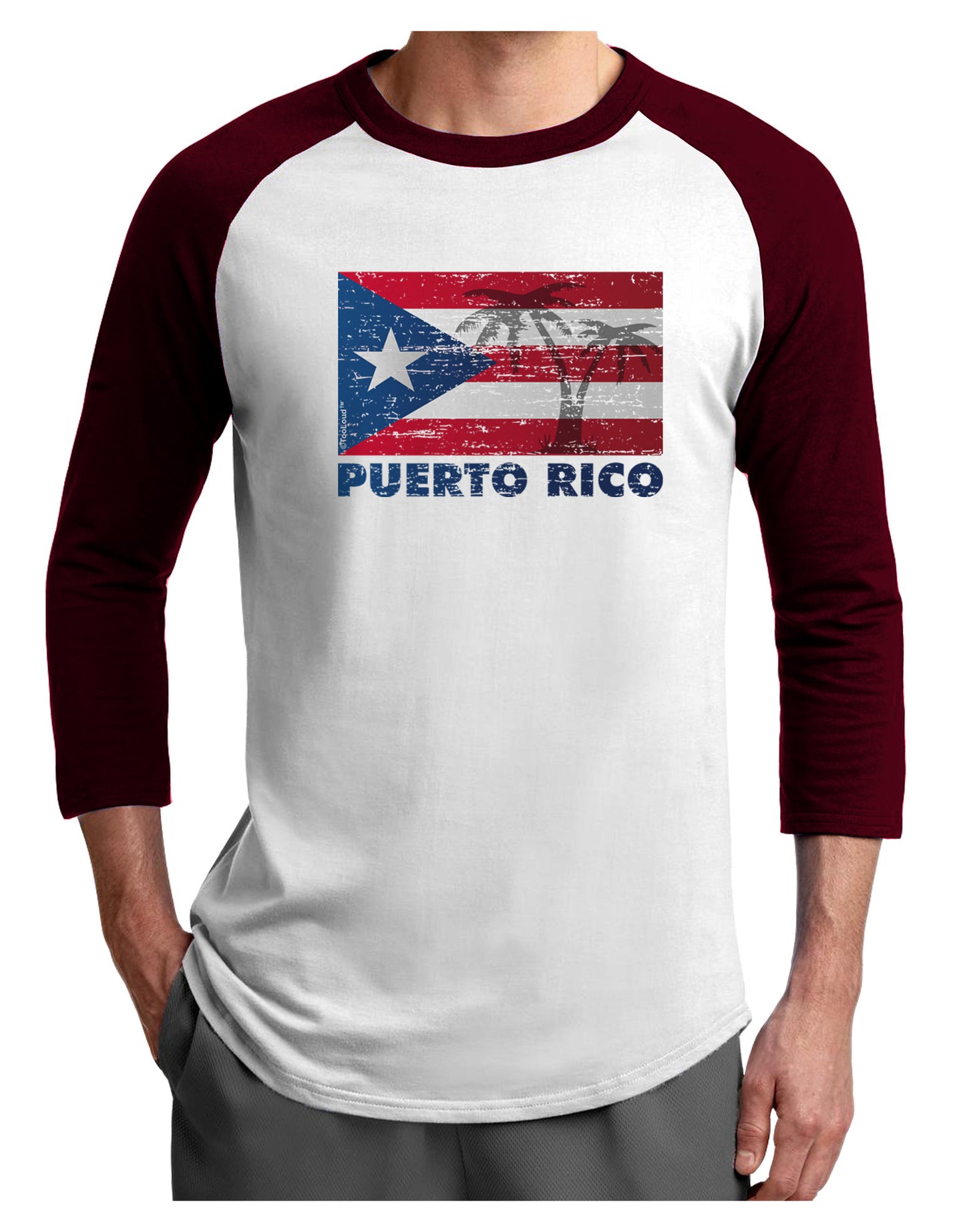 Distressed Puerto Rico Flag Adult Raglan Shirt-TooLoud-White-Cardinal-X-Small-Davson Sales