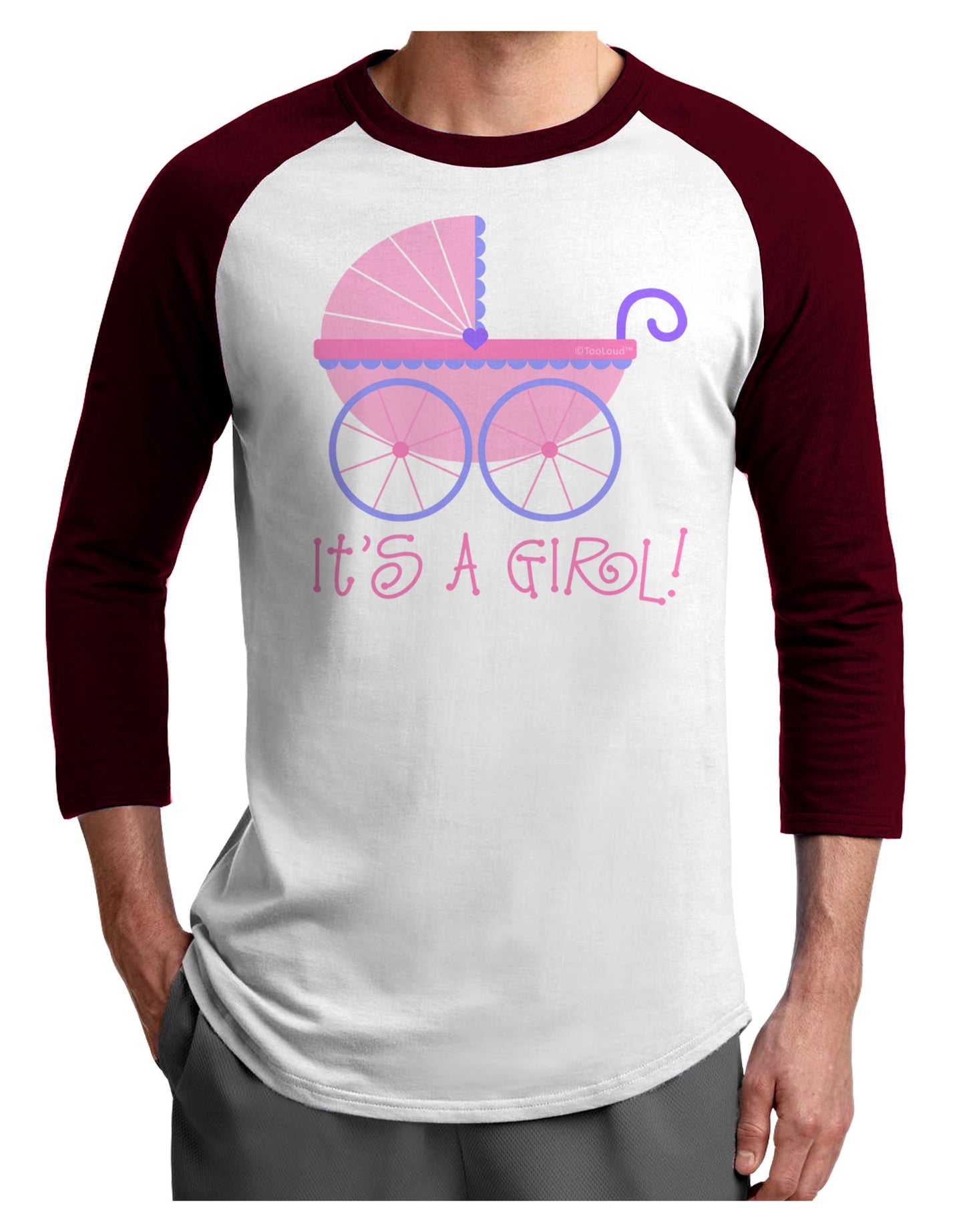 It's a Girl - Baby Carriage Adult Raglan Shirt-TooLoud-White-Cardinal-X-Small-Davson Sales