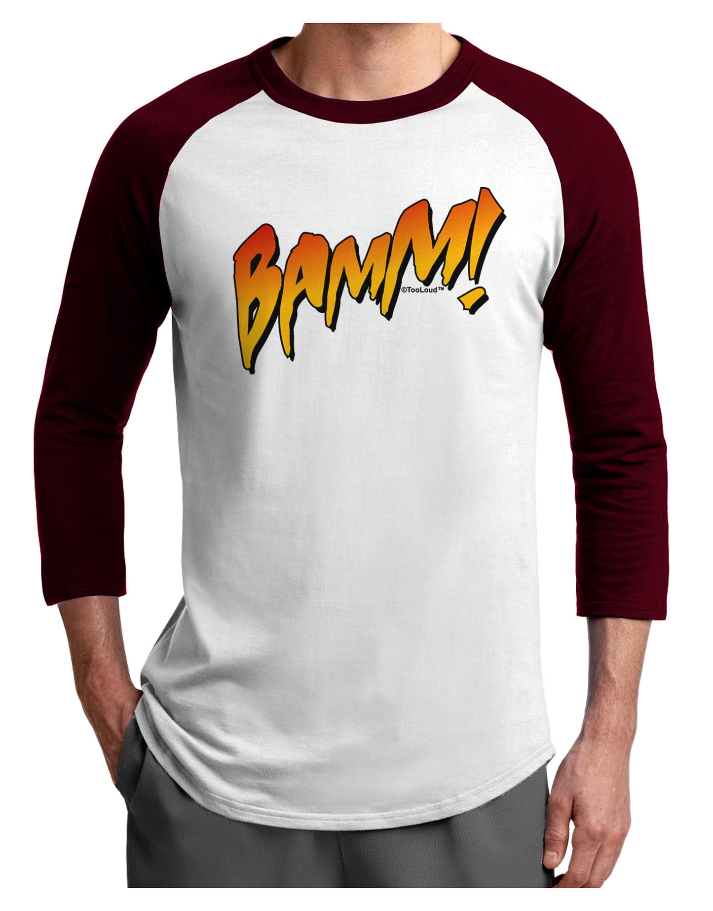 Onomatopoeia BAMM Adult Raglan Shirt-TooLoud-White-Cardinal-X-Small-Davson Sales