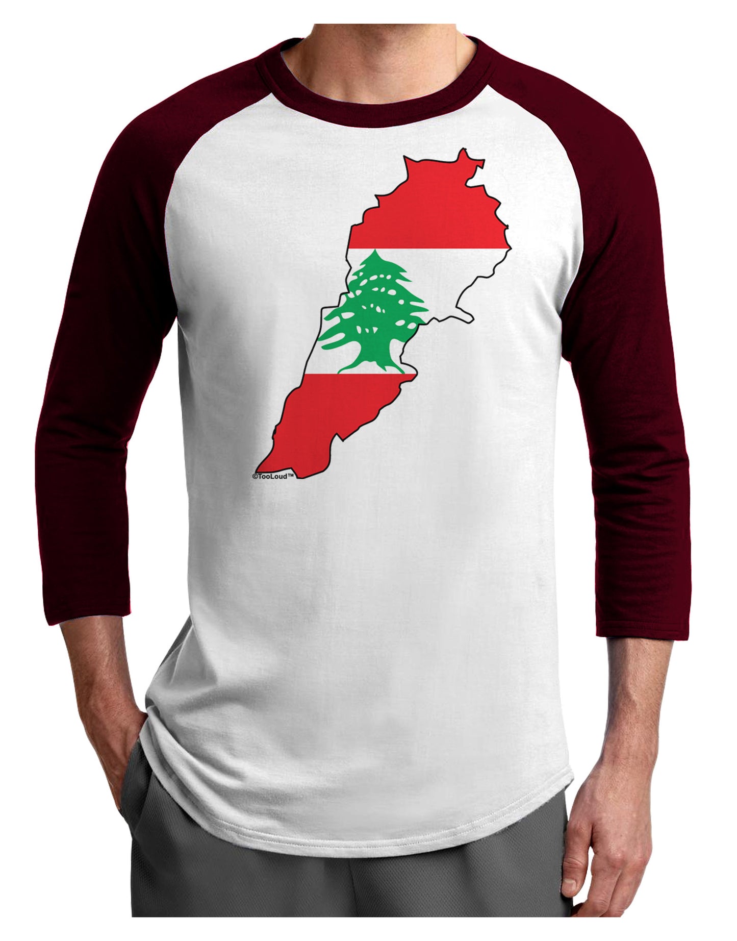 Lebanon Flag Silhouette Adult Raglan Shirt-TooLoud-White-Cardinal-X-Small-Davson Sales
