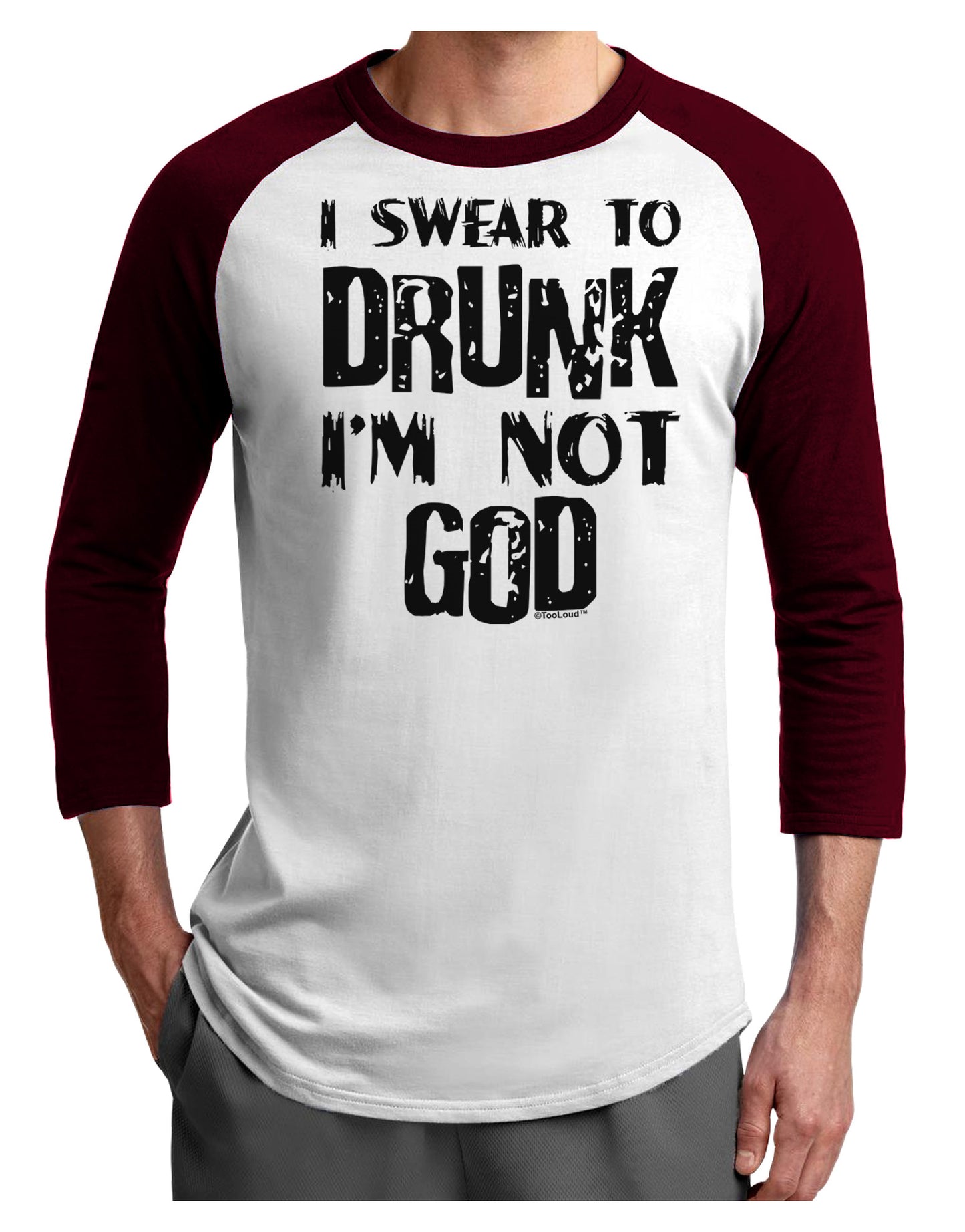 I swear to DRUNK I'm not GOD Adult Raglan Shirt-Raglan Shirt-TooLoud-White-Cardinal-X-Small-Davson Sales