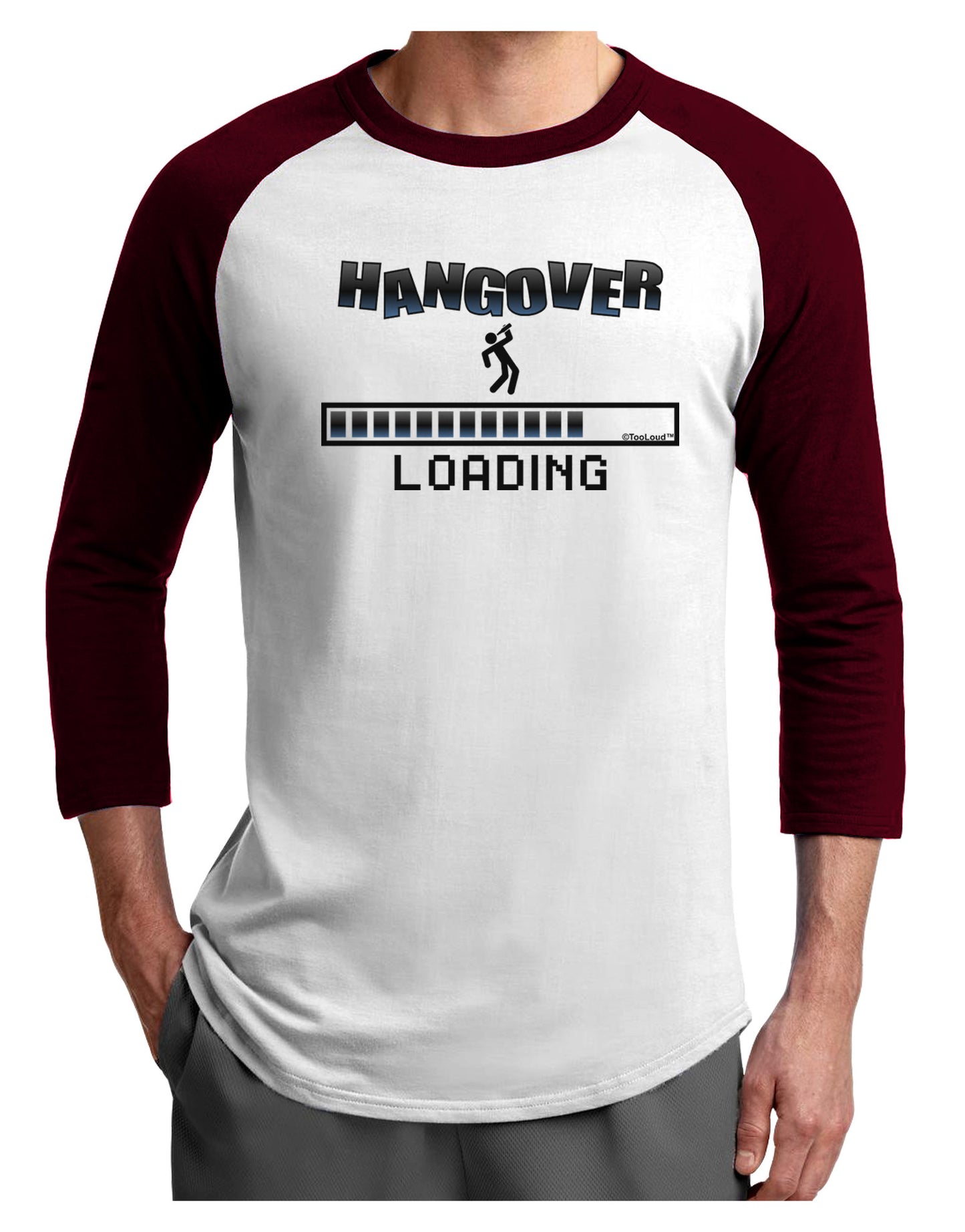 Hangover Loading Adult Raglan Shirt-TooLoud-White-Cardinal-X-Small-Davson Sales