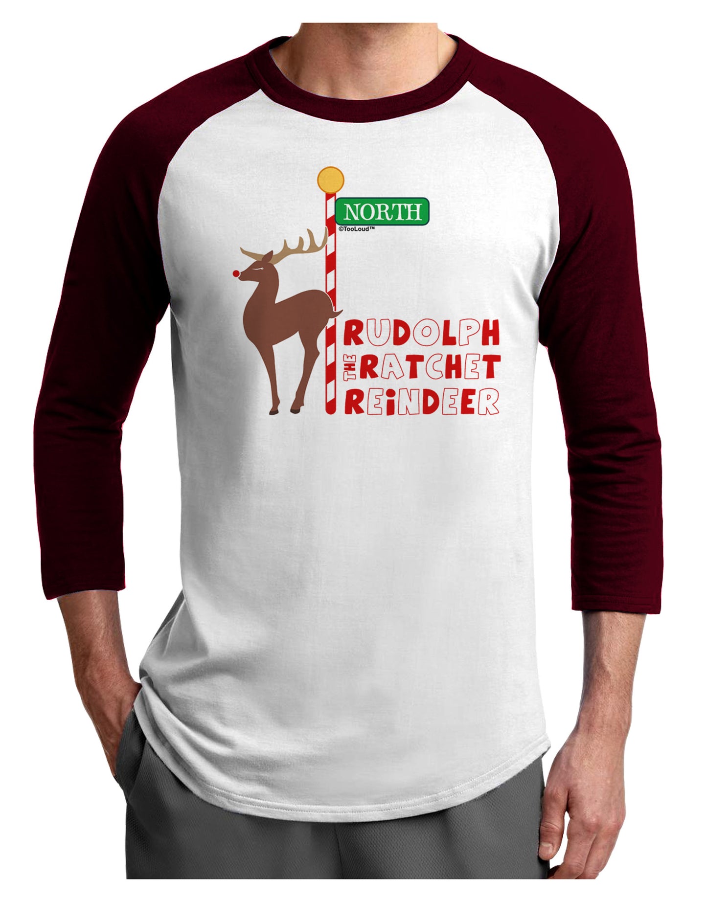 Rudolf Ratchet Reindeer Color Text Adult Raglan Shirt-TooLoud-White-Cardinal-X-Small-Davson Sales