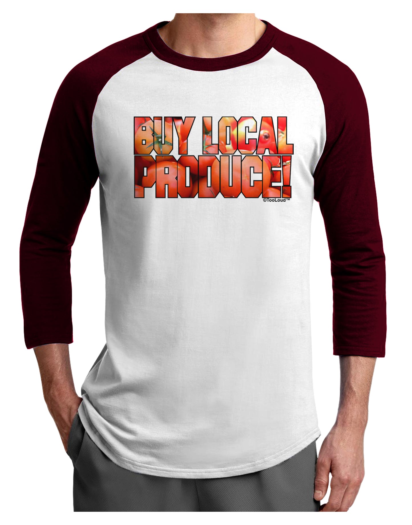 Buy Local Produce Tomatoes Text Adult Raglan Shirt-TooLoud-White-Cardinal-X-Small-Davson Sales