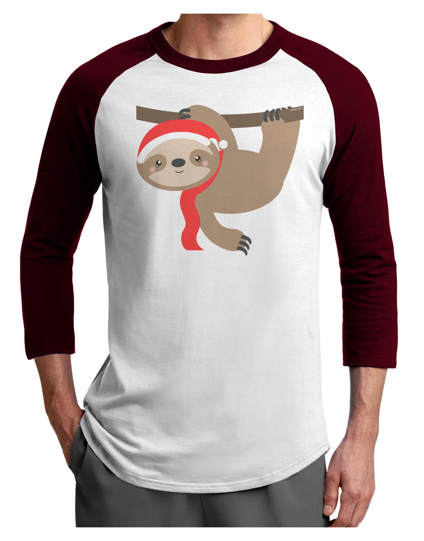 Cute Christmas Sloth with Santa Hat Adult Raglan Shirt-TooLoud-White-Cardinal-X-Small-Davson Sales