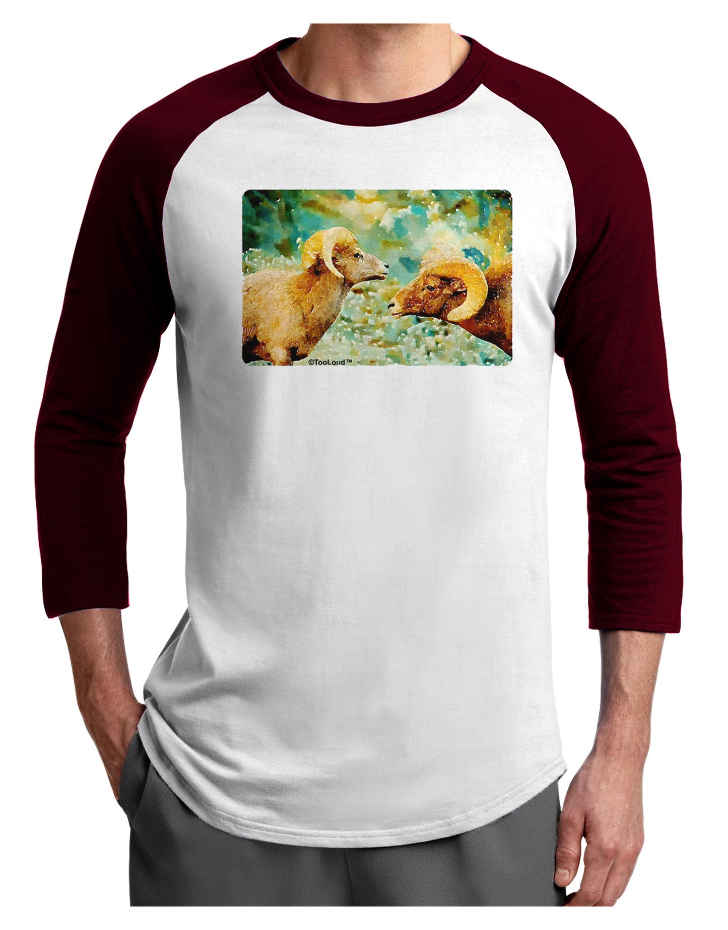 Two Bighorn Rams Watercolor Adult Raglan Shirt-TooLoud-White-Cardinal-X-Small-Davson Sales