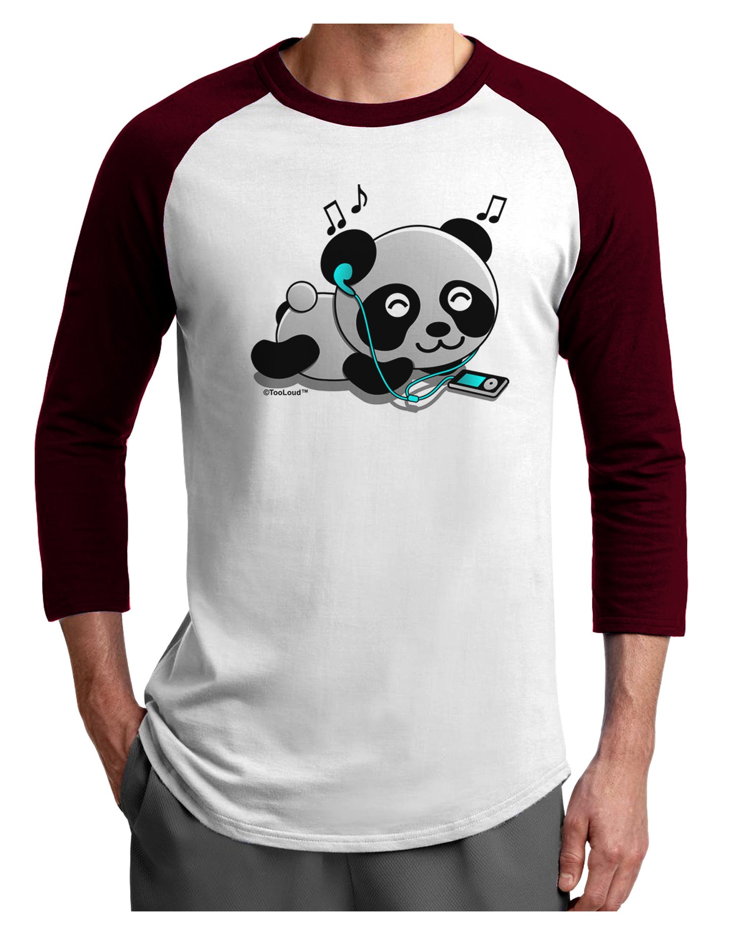 Cute Panda With Ear Buds Adult Raglan Shirt-TooLoud-White-Cardinal-X-Small-Davson Sales