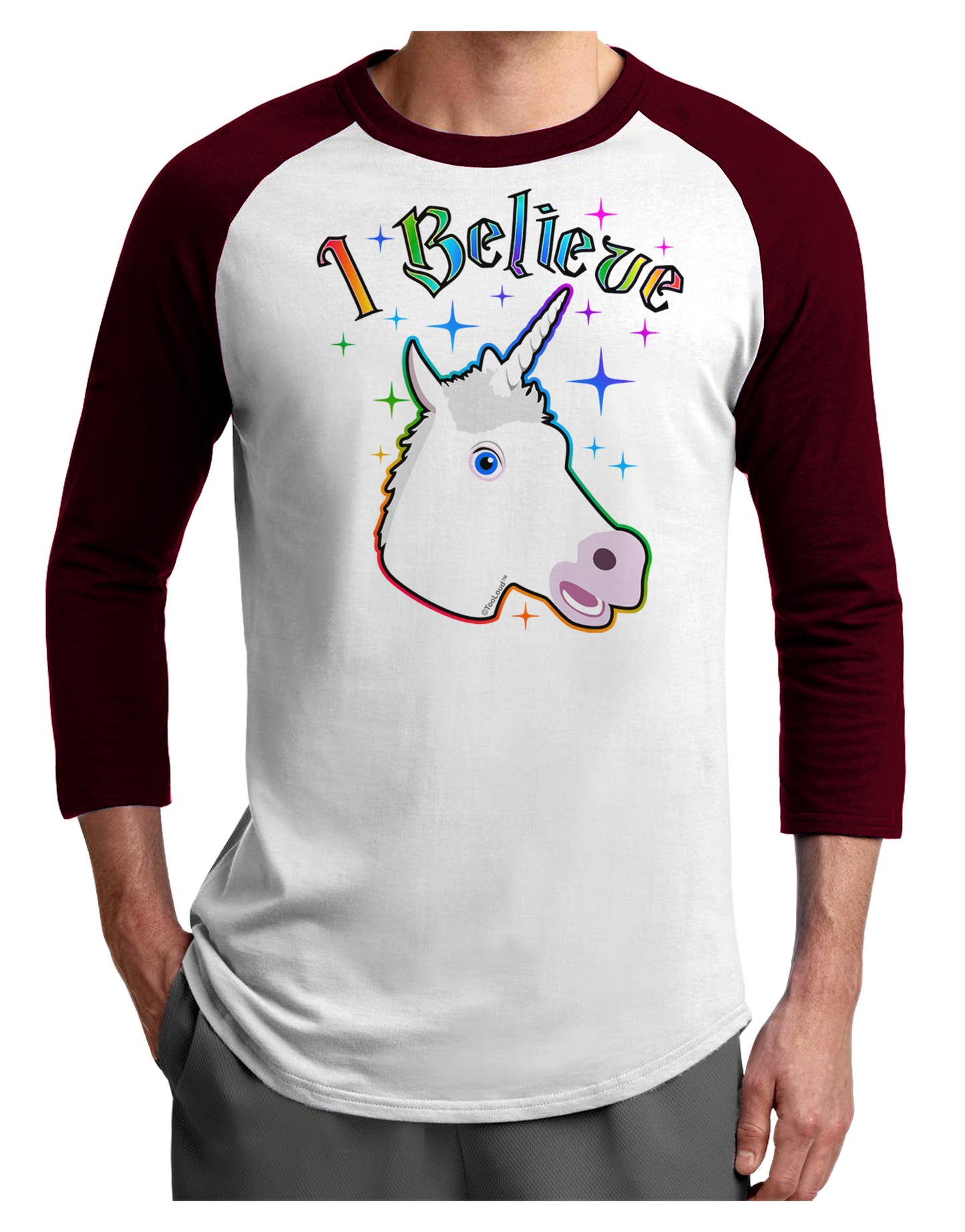 I Believe in Unicorns Adult Raglan Shirt-Raglan Shirt-TooLoud-White-Cardinal-X-Small-Davson Sales