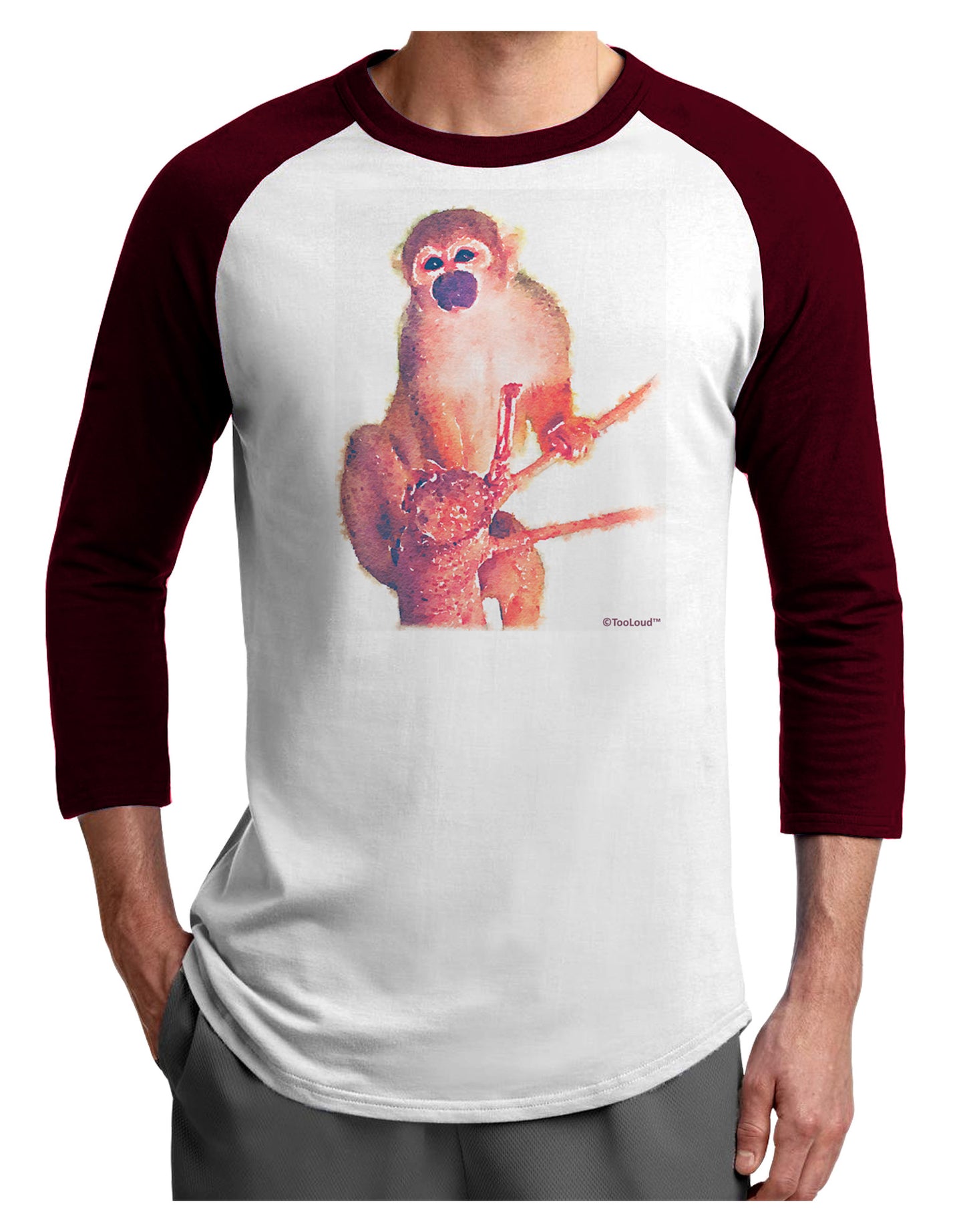 Monkey in Tree Watercolor Adult Raglan Shirt-TooLoud-White-Cardinal-X-Small-Davson Sales