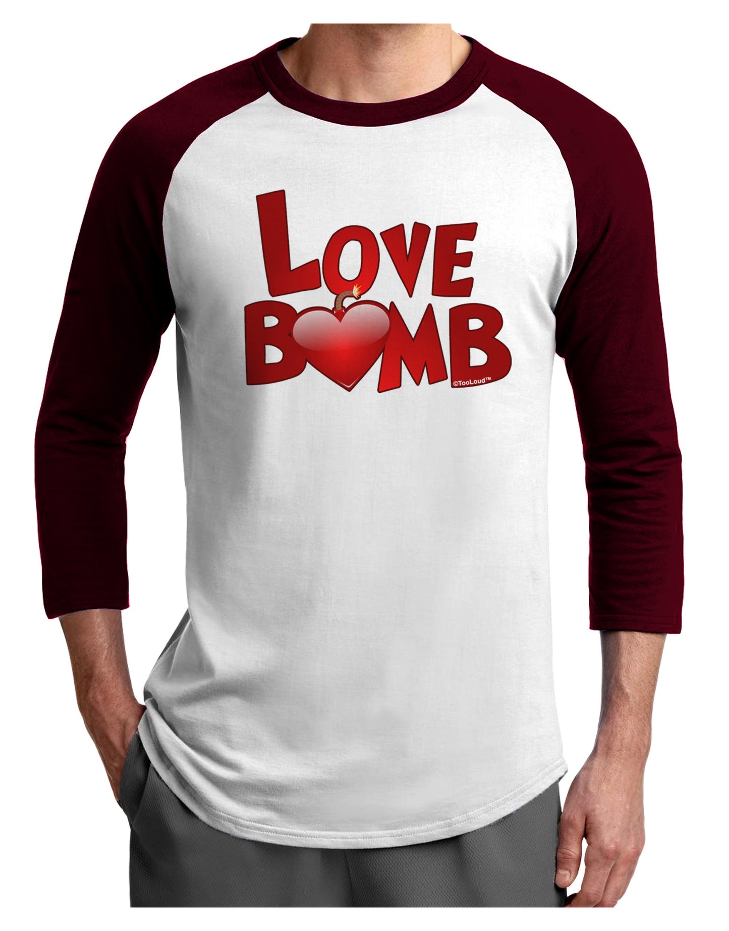 Love Bomb Text Adult Raglan Shirt-TooLoud-White-Cardinal-X-Small-Davson Sales