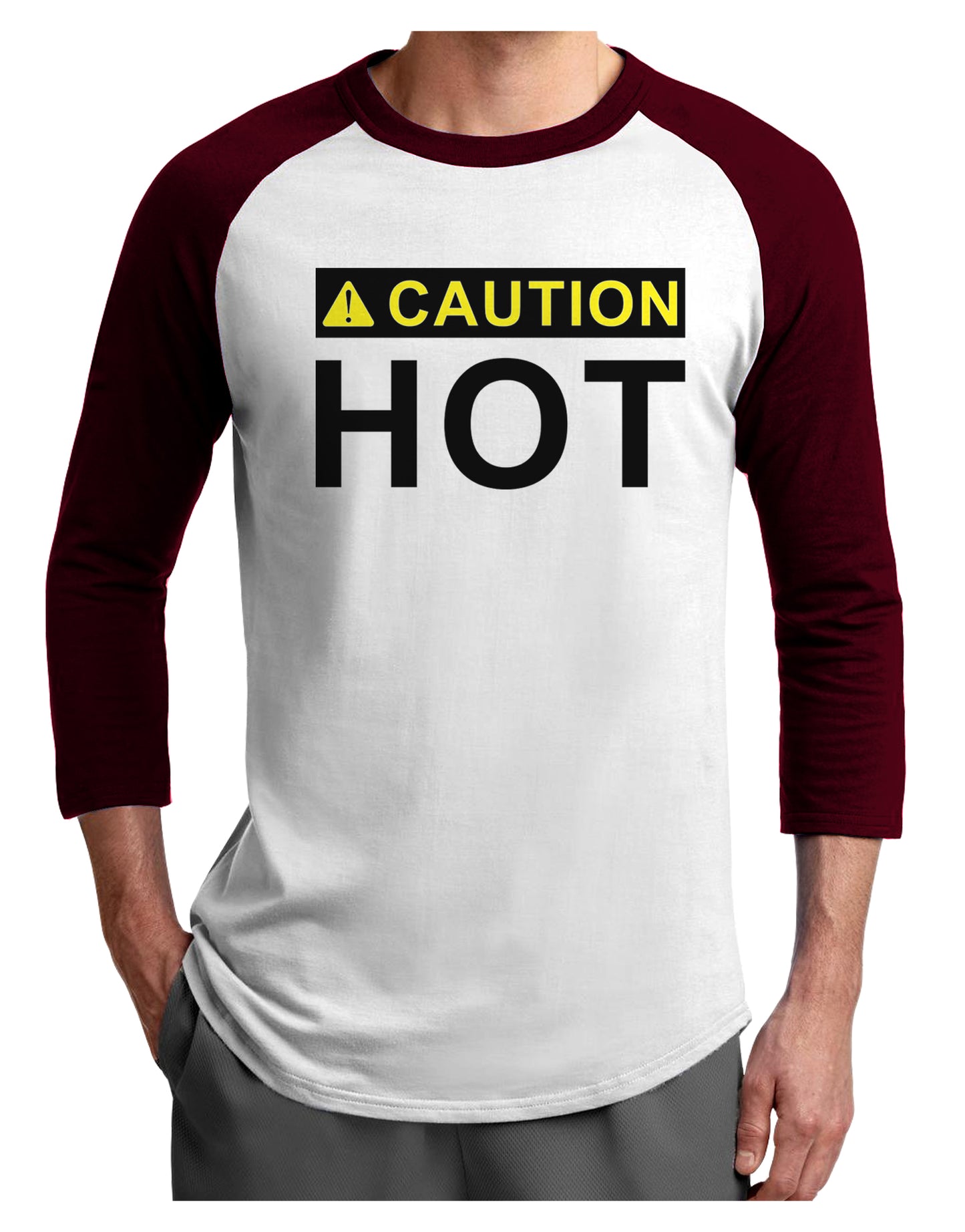 Caution Hot Warning Sign Adult Raglan Shirt-Raglan Shirt-TooLoud-White-Cardinal-X-Small-Davson Sales