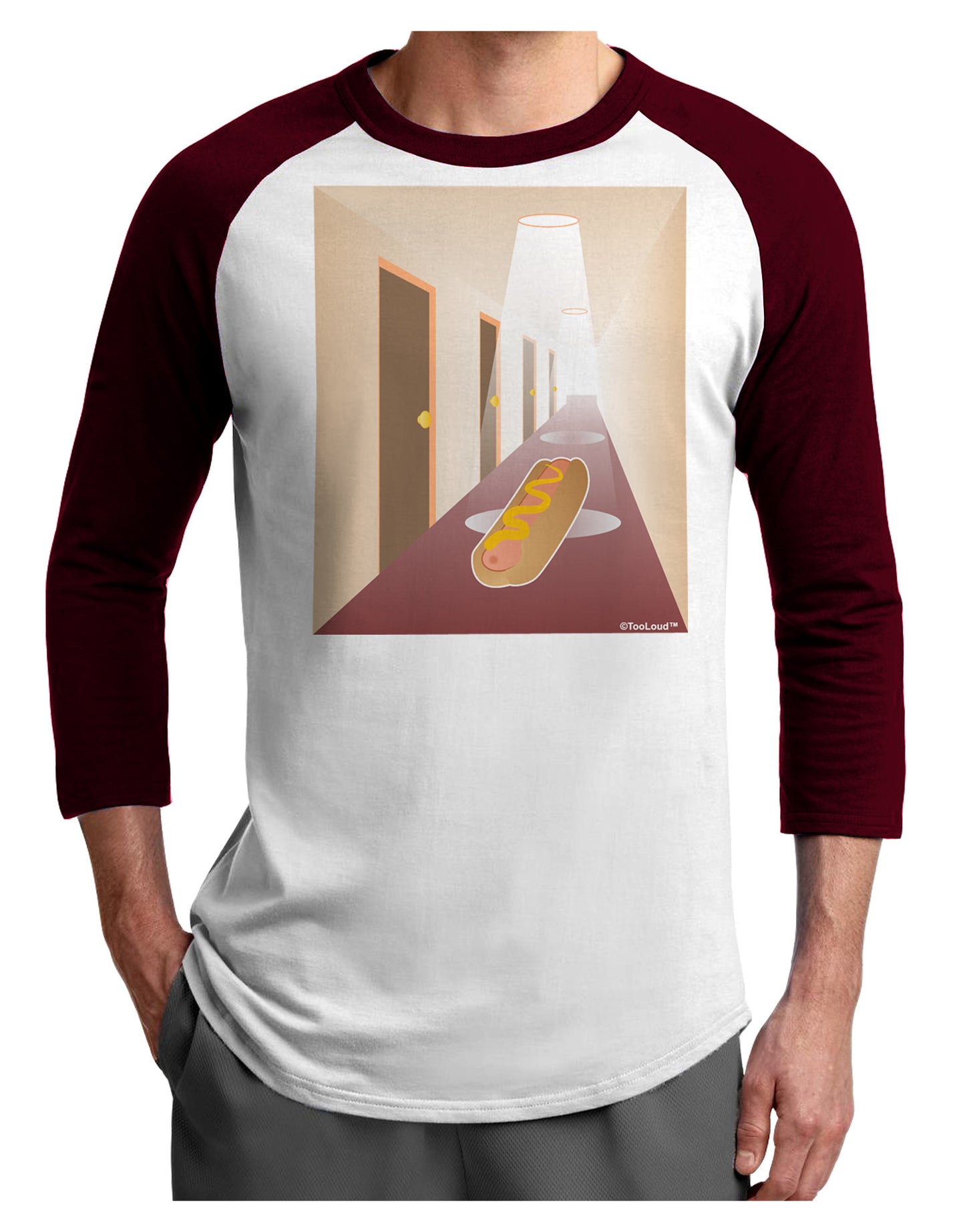 Hotdog in a Hallway Adult Raglan Shirt-TooLoud-White-Cardinal-X-Small-Davson Sales