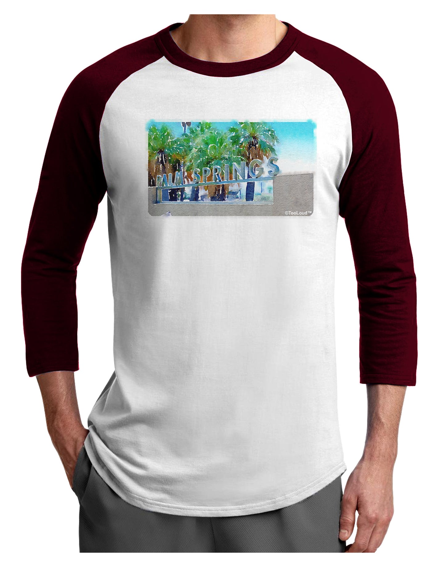 Palm Springs Watercolor Adult Raglan Shirt-TooLoud-White-Cardinal-X-Small-Davson Sales