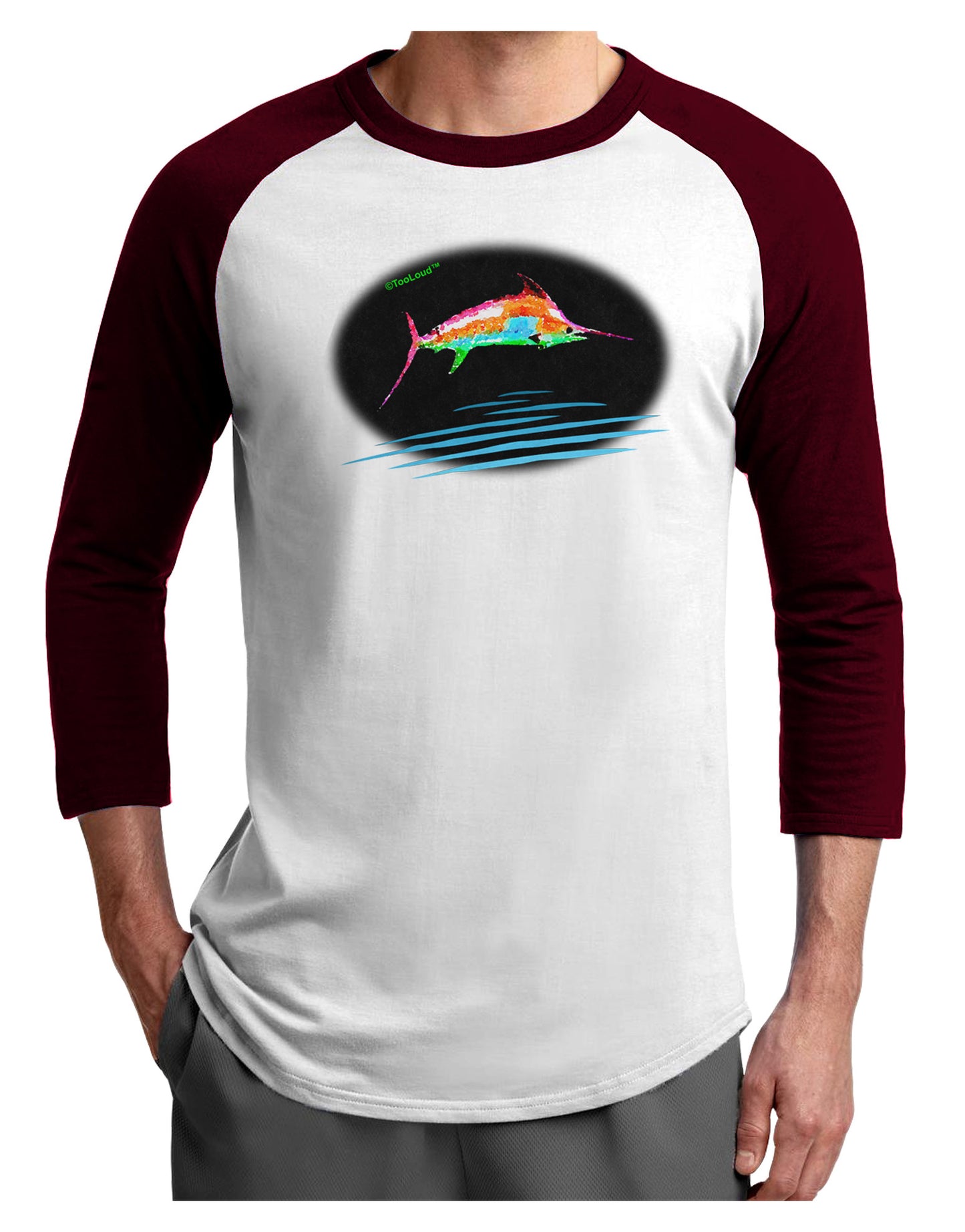 Colorful Swordfish Watercolor Adult Raglan Shirt-Raglan Shirt-TooLoud-White-Cardinal-X-Small-Davson Sales