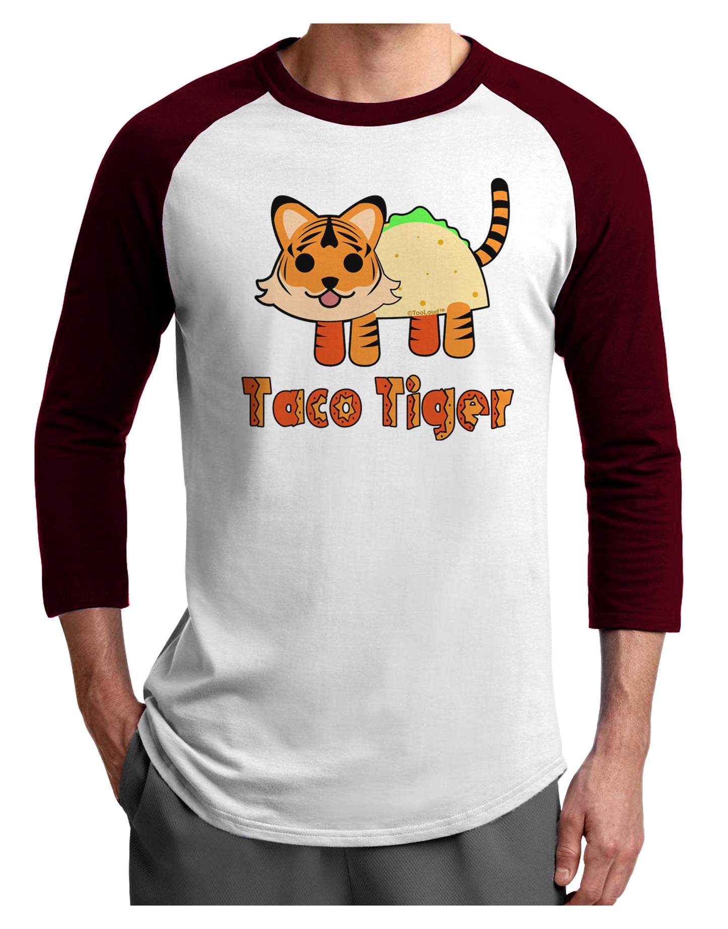 Cute Taco Tiger Text Adult Raglan Shirt-TooLoud-White-Cardinal-X-Small-Davson Sales