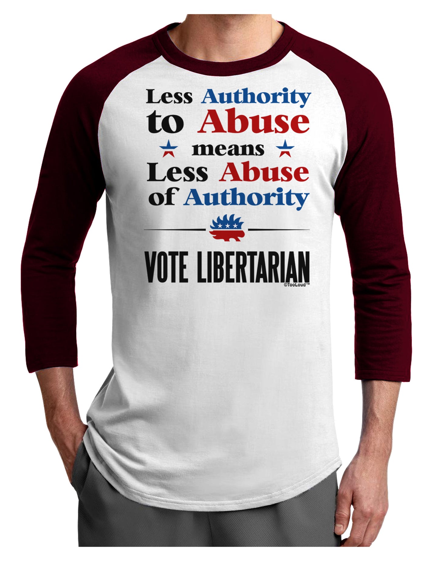 Libertarian Against Authority Abuse Adult Raglan Shirt-TooLoud-White-Cardinal-X-Small-Davson Sales